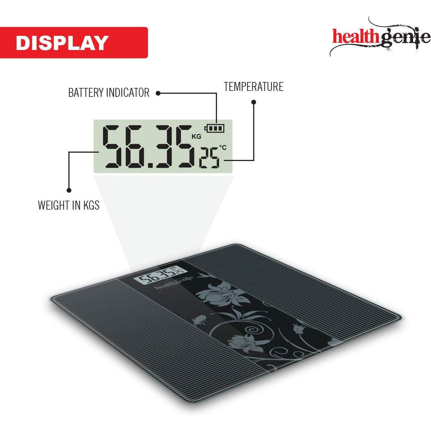 Healthgenie Weight Machine For Body Weight Digital Weighing Scale Thick Tempered Glass LCD Display with 3 Year Warranty & Batteries HD-221 (93 Black)