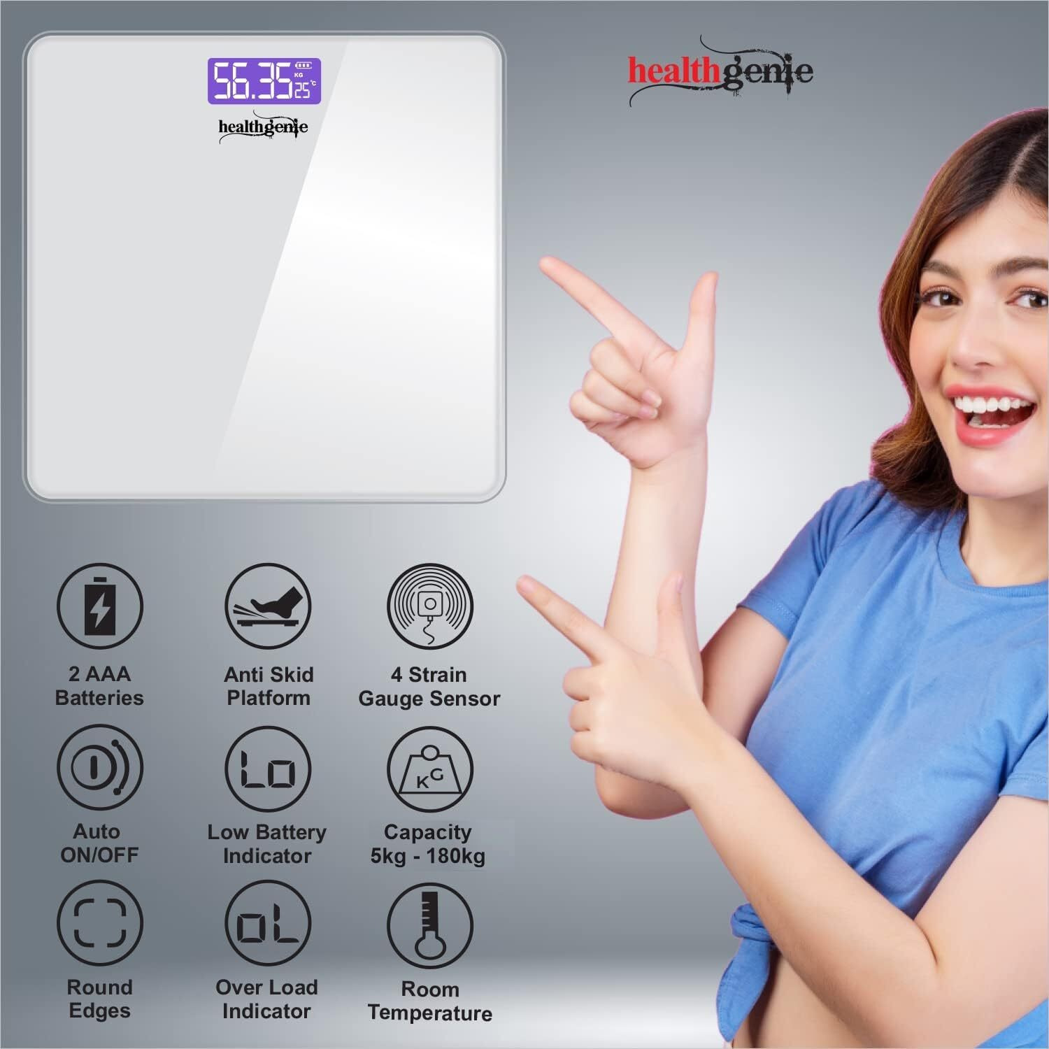 Healthgenie Weight Machine for Body Weight With 3 Yrs Warranty & Thick Tempered Glass LCD Display Digital Weighing Machine (Silver) HD-221