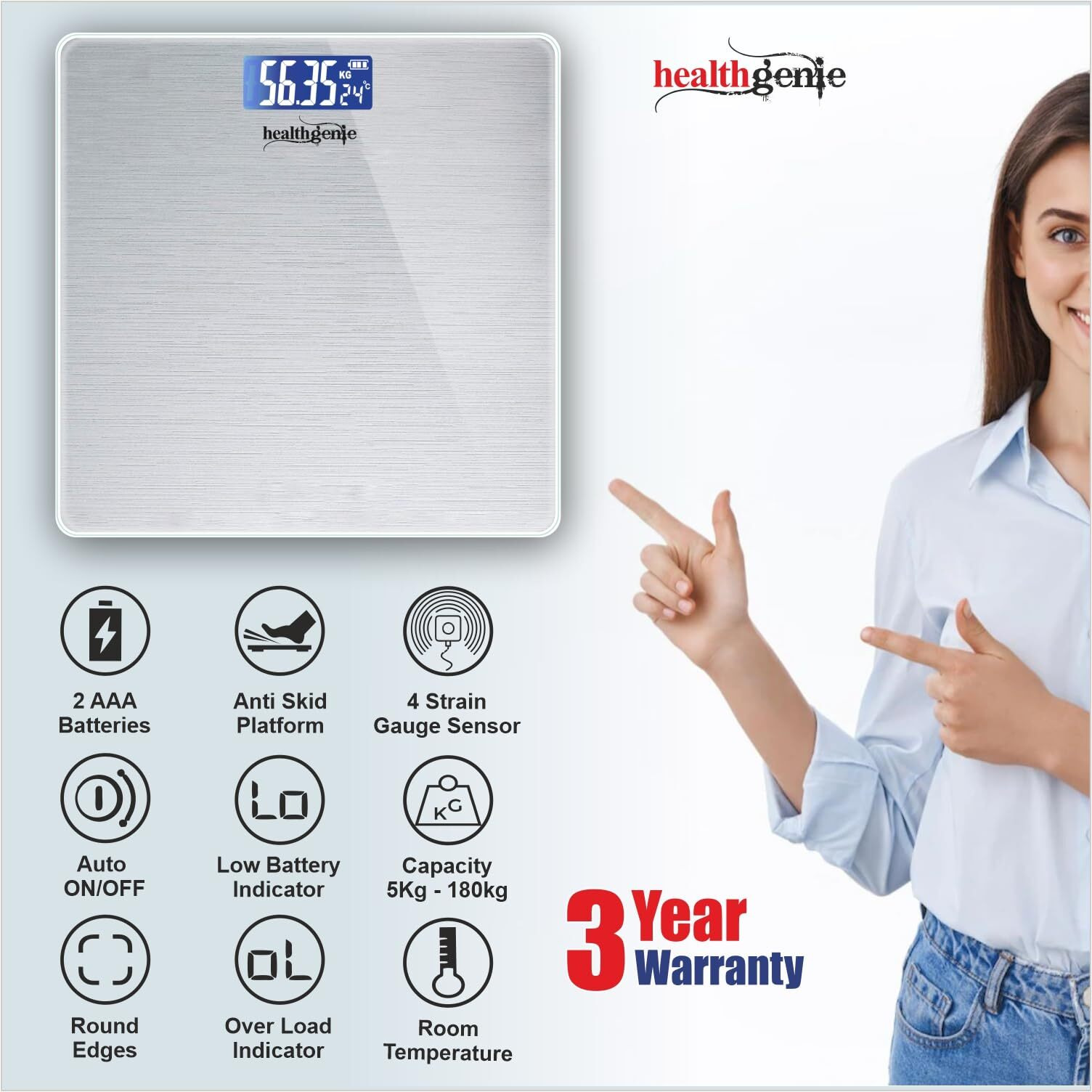 Healthgenie Weight Machine for Body Weight With 3 Yrs Warranty & Thick Tempered Glass LCD Display Digital Weighing Machine (Brushed Metallic) HD-221