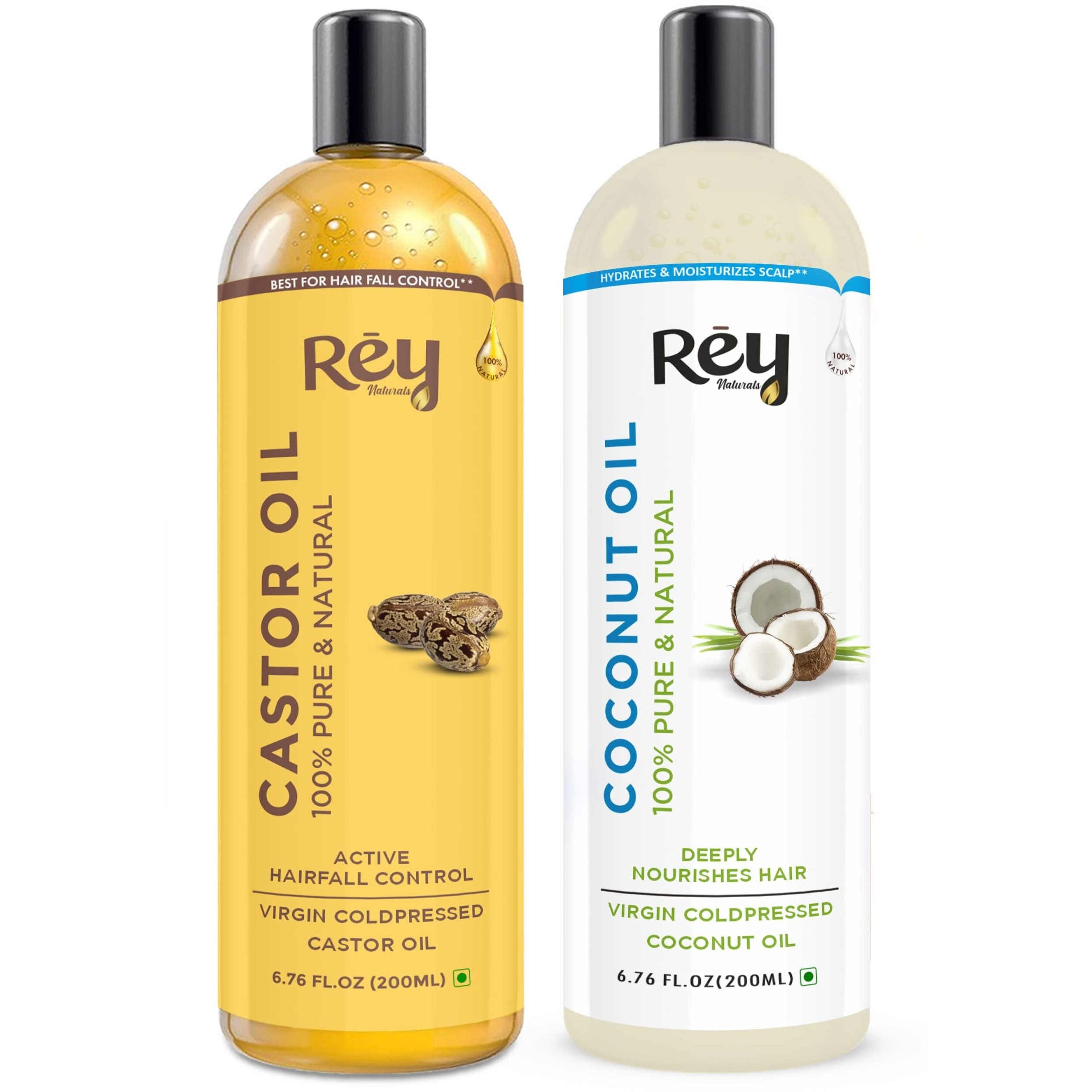 Rey Naturals Cold Pressed Castor & Virgin Coconut Hair Oil | For Hair Growth, Hairfall Control, Nail Cuticles, Eyebrow & Eyelashes Nourishment | Hydrates & Moisturize Scalp | For Men & Women -200ML*2