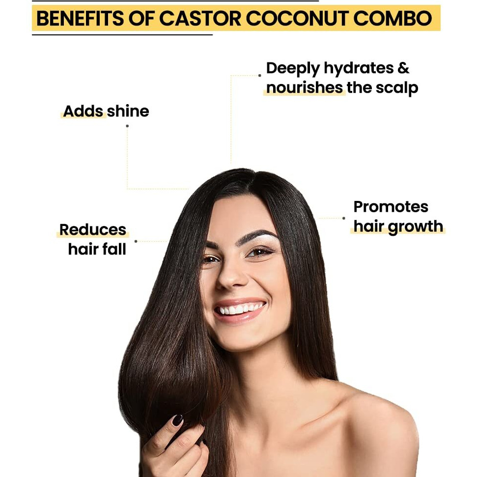 Rey Naturals Cold Pressed Castor & Virgin Coconut Hair Oil | For Hair Growth, Hairfall Control, Nail Cuticles, Eyebrow & Eyelashes Nourishment | Hydrates & Moisturize Scalp | For Men & Women -200ML*2