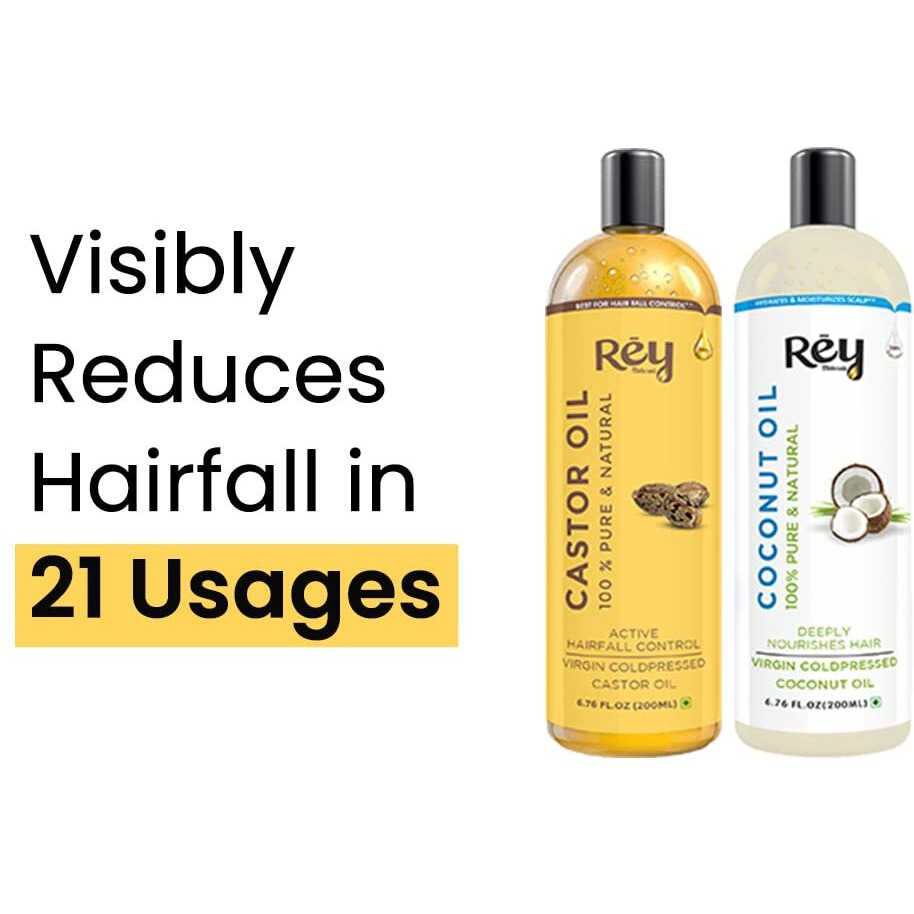 Rey Naturals Cold Pressed Castor & Virgin Coconut Hair Oil | For Hair Growth, Hairfall Control, Nail Cuticles, Eyebrow & Eyelashes Nourishment | Hydrates & Moisturize Scalp | For Men & Women -200ML*2