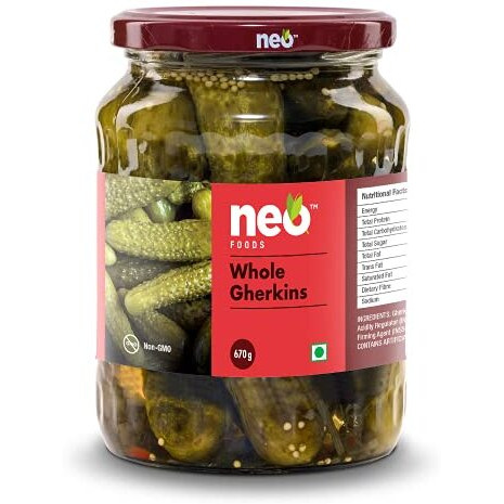 Neo Whole Gherkins 670g I 100% Vegan I Low Fat Sweet and Crunchy Gherkins I Ready to Eat, Enjoy as Salad I No GMO