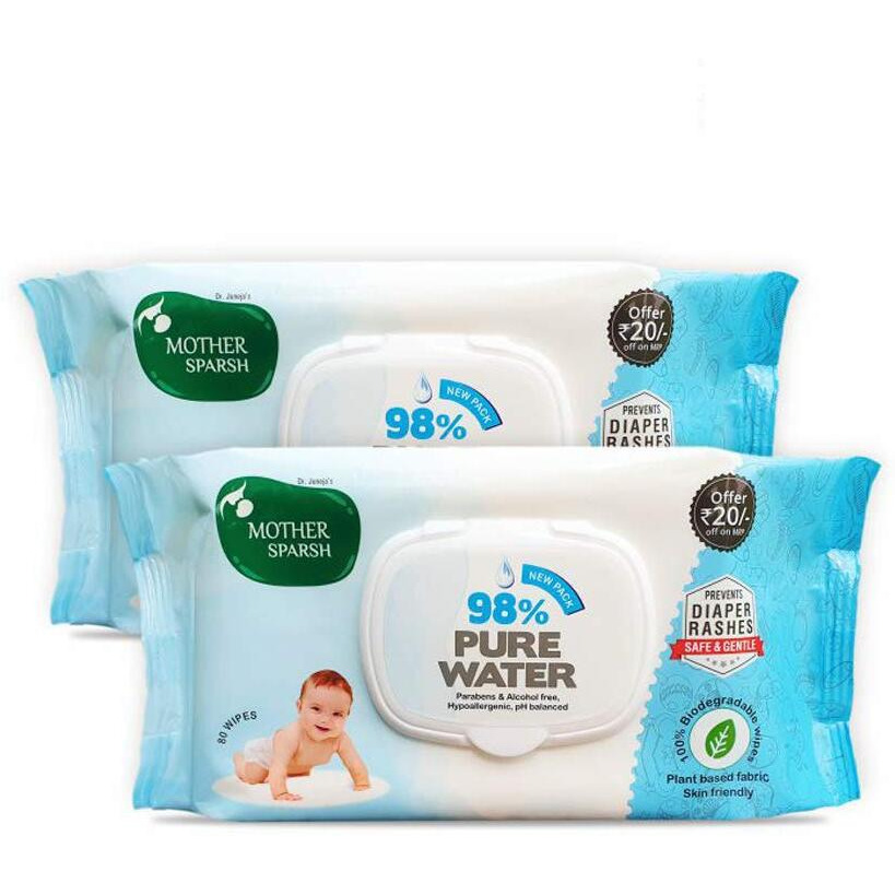 Mother Sparsh 98% Water Based Baby Wipes I Plant made Baby Wet Wipes I 80 Pcs wipes with lid, Pack of 2
