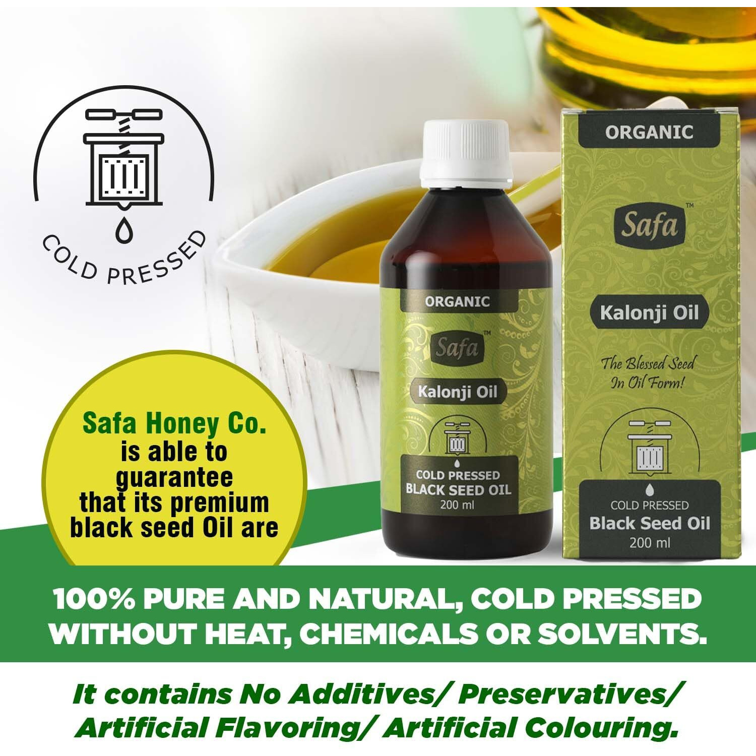 Safa Kalonji Oil Organic Cold Pressed Pure Black Seed Oil|Rich In Omega 3,6 & 9 Essential Fatty Acids|Promotes Immunity,Hair,Skin & Overall Health|Nigella Sativa Black Cumin Seed Oil|Pack of 200 Ml
