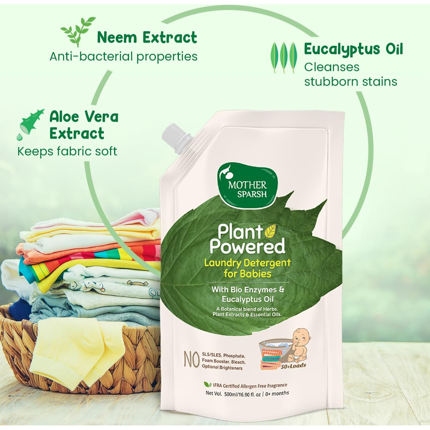 Mother Sparsh Baby Laundry Liquid Detergent (Powered by Plants) with Bio - Enzymes and Eucalyptus Oil, Refill Pack (500ml)