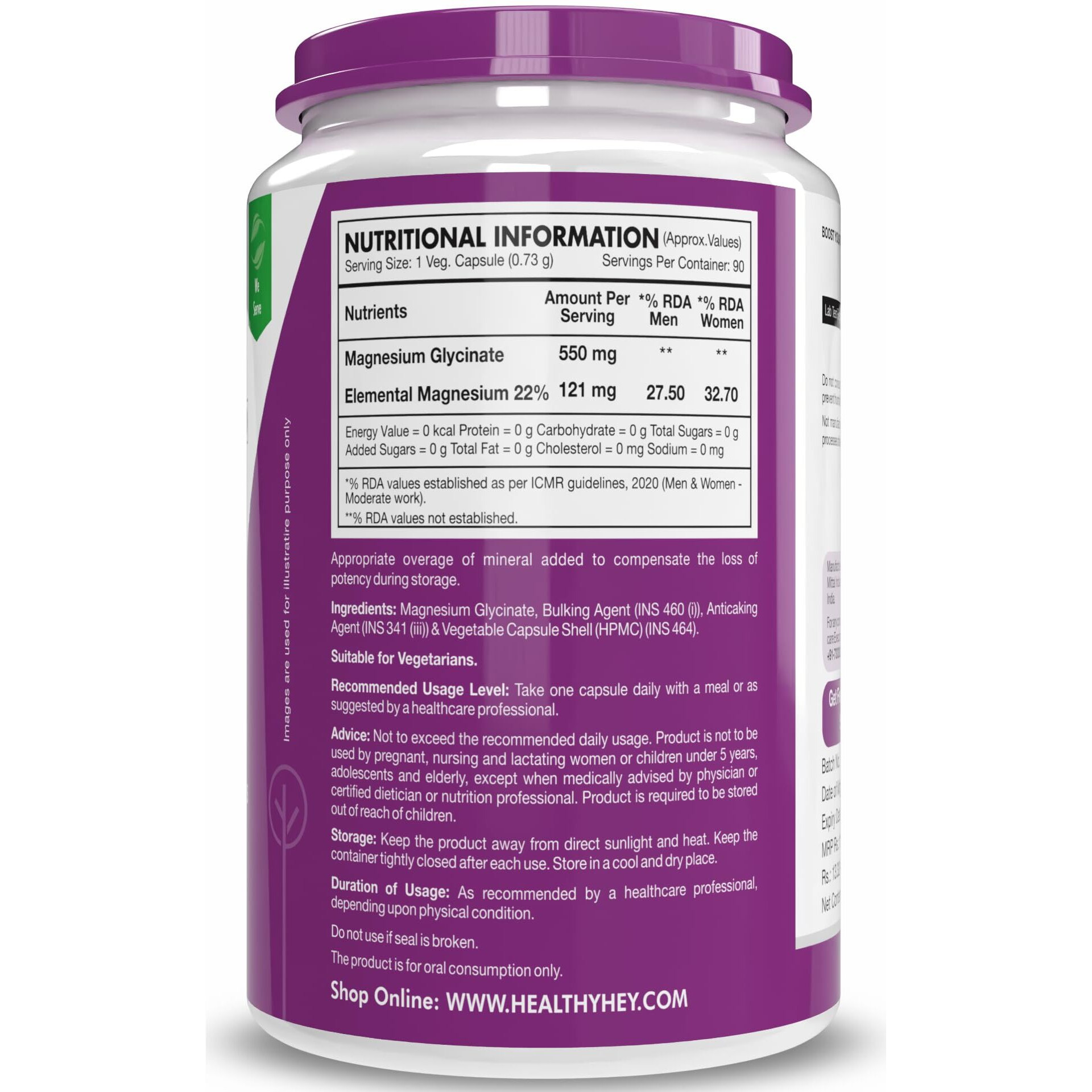 HealthyHey Nutrition Magnesium Glycinate High Absorption for Sleep, Cramps, & Nerves Health - 90 Vegetable Capsules