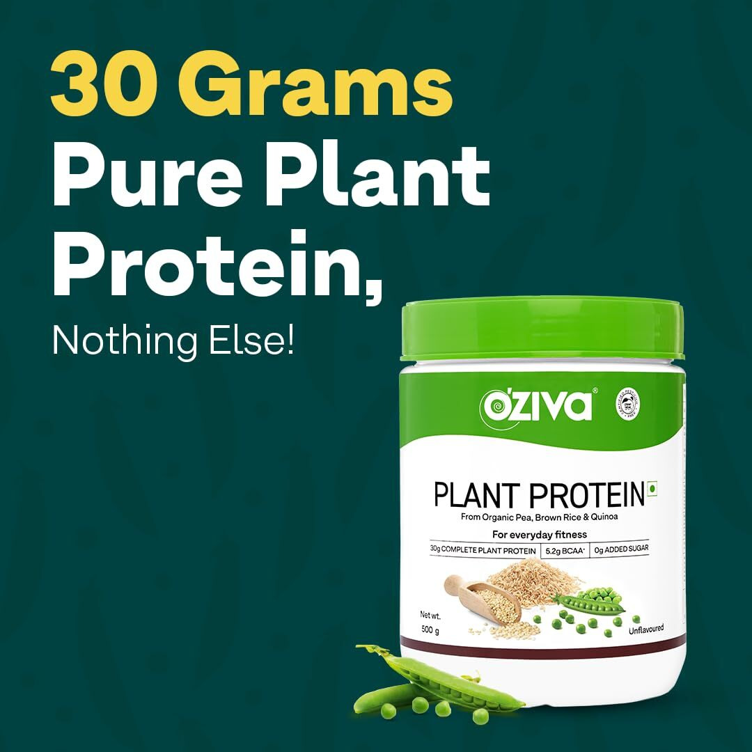 OZiva Organic Plant Protein for Everyday Fitness | 30g Protein - Pea Isolate | Complete Plant Protein Powder | No Added Sugar, Certified Clean & Vegan (Unflavoured, 500g)
