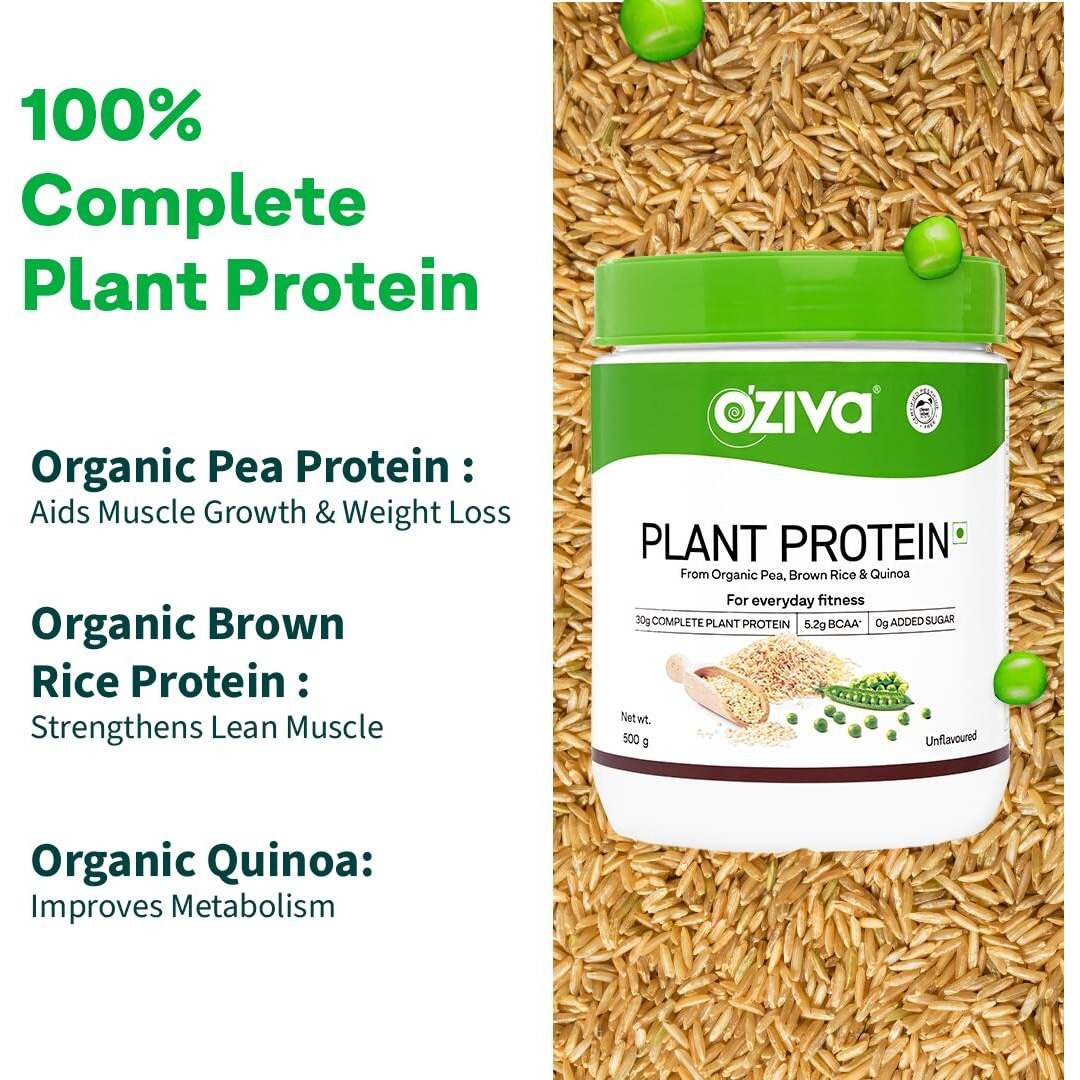 OZiva Organic Plant Protein for Everyday Fitness | 30g Protein - Pea Isolate | Complete Plant Protein Powder | No Added Sugar, Certified Clean & Vegan (Unflavoured, 500g)