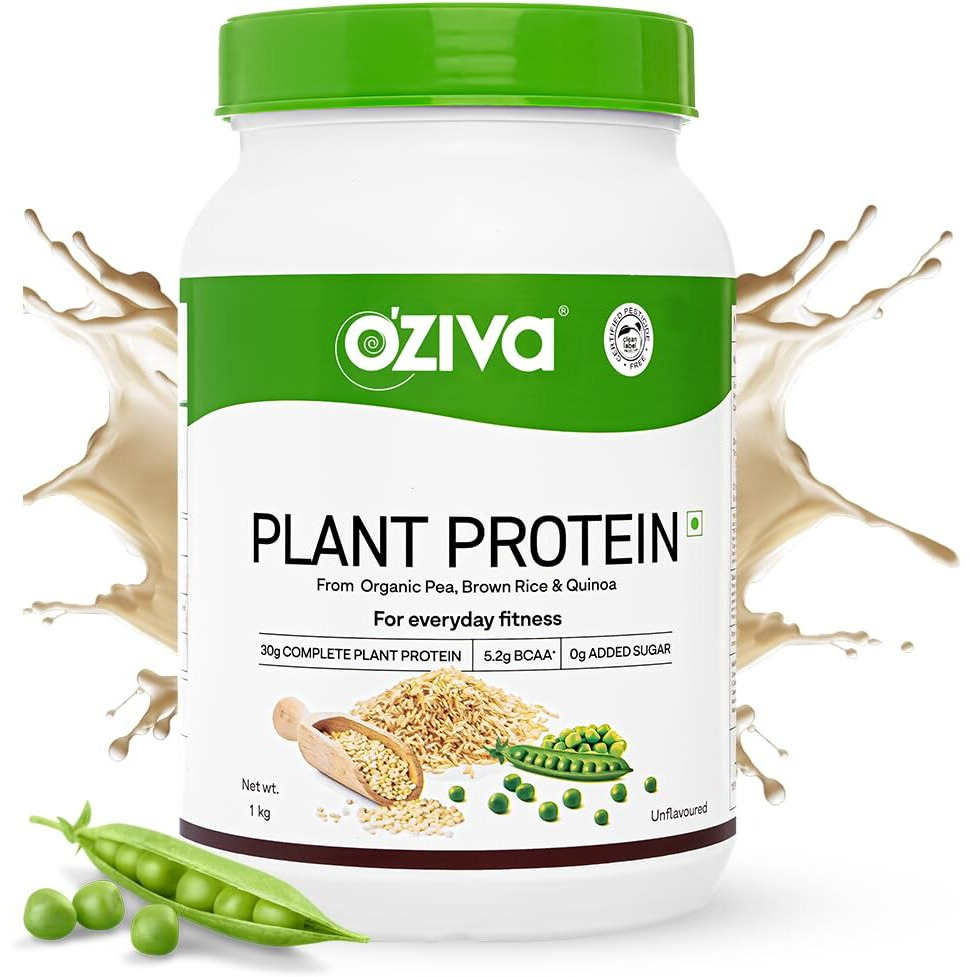 OZiva Organic Plant Protein for Everyday Fitness | 30g Protein - Pea Isolate | Complete Plant Protein Powder | No Added Sugar, Certified Clean & Vegan (Unflavoured, 1kg)