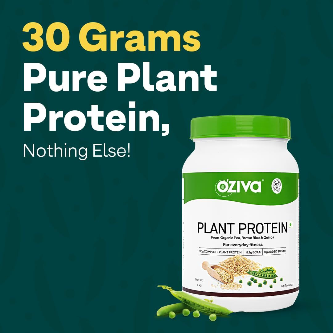 OZiva Organic Plant Protein for Everyday Fitness | 30g Protein - Pea Isolate | Complete Plant Protein Powder | No Added Sugar, Certified Clean & Vegan (Unflavoured, 1kg)