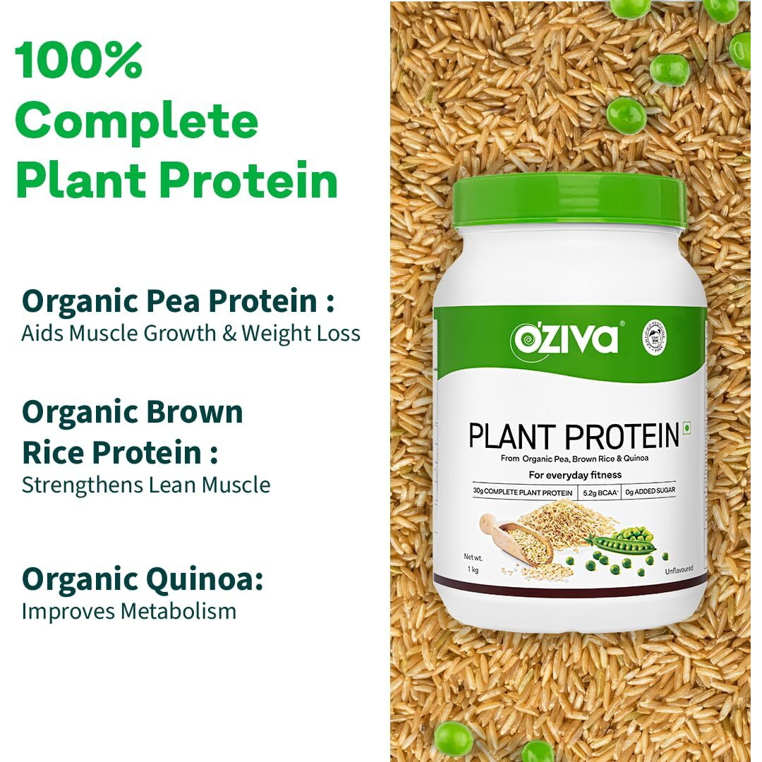 OZiva Organic Plant Protein for Everyday Fitness | 30g Protein - Pea Isolate | Complete Plant Protein Powder | No Added Sugar, Certified Clean & Vegan (Unflavoured, 1kg)