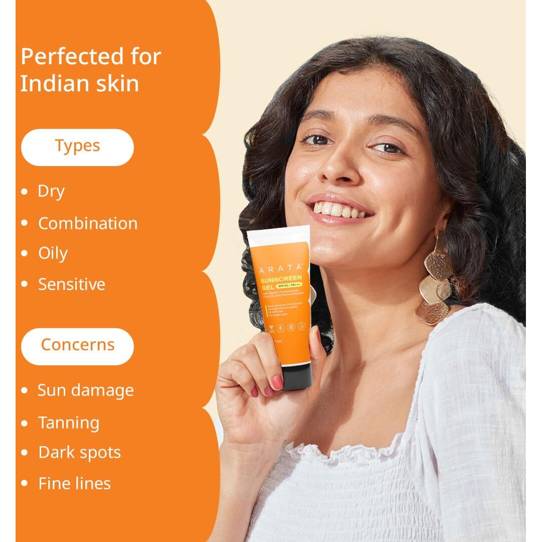 Arata Sunscreen Gel | SPF 50, PA+++ | Broad Spectrum UV Protection | Ultra-Light & Dewy Finish | No White Cast | Even & Glowing Skin | Niacinamide & Ceramide | Derma-Tested | For Men & Women | 50ML