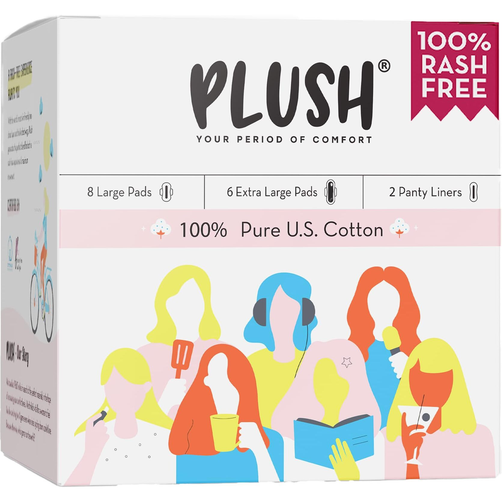 Plush 100% Pure US Cotton Ultra-Thin Rash Free Natural Sanitary Pads for Women | Vegan & Paraben Free | For Normal-Sensitive Skin (Large + XL, 14)
