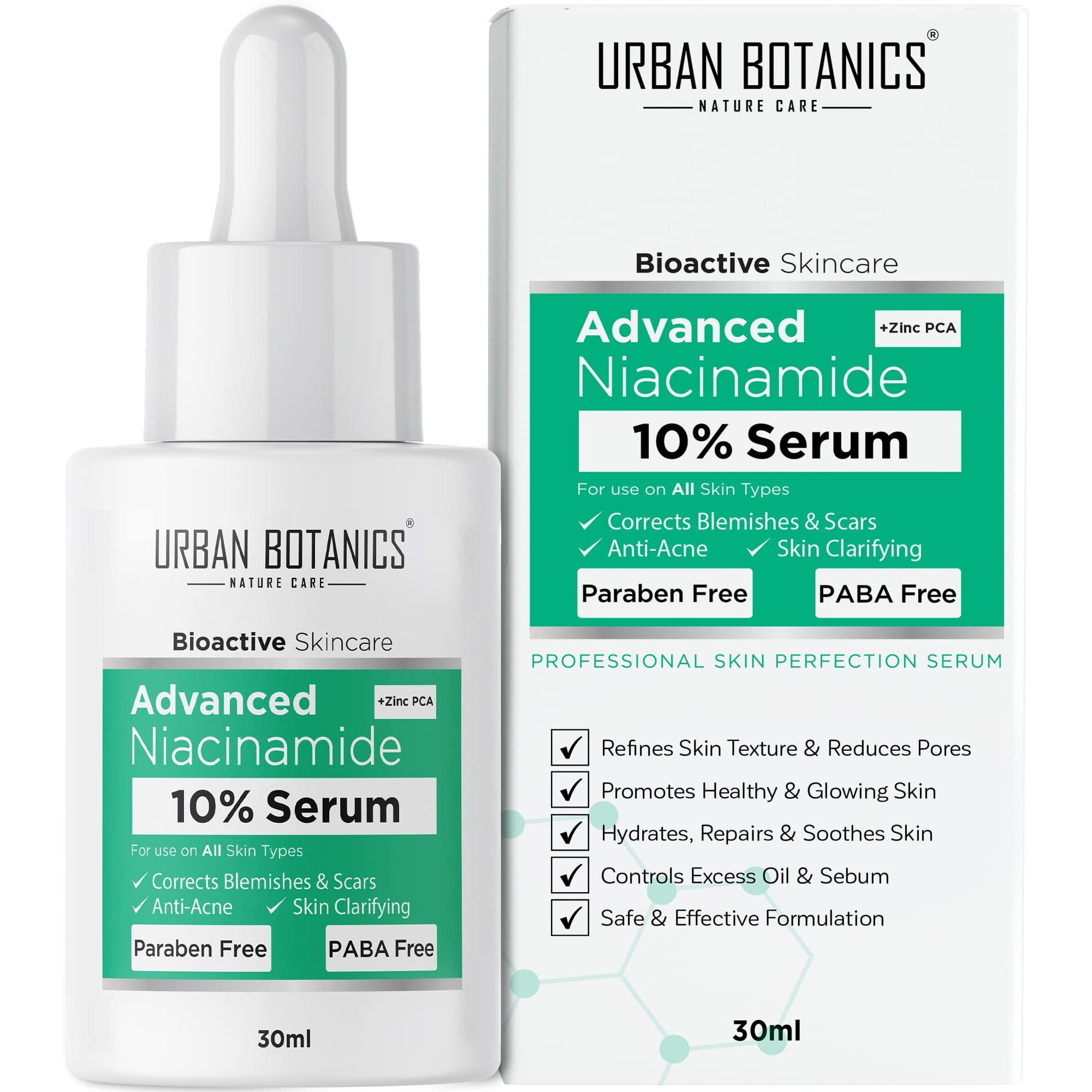 UrbanBotanics 10% Niacinamide Face Serum for Acne, Acne Scars/Marks, Blemishes, Pigmentation & Oil Balancing with Zinc | Skin Clarifying Anti Acne Serum for Oily & Acne Prone Skin | 30ml