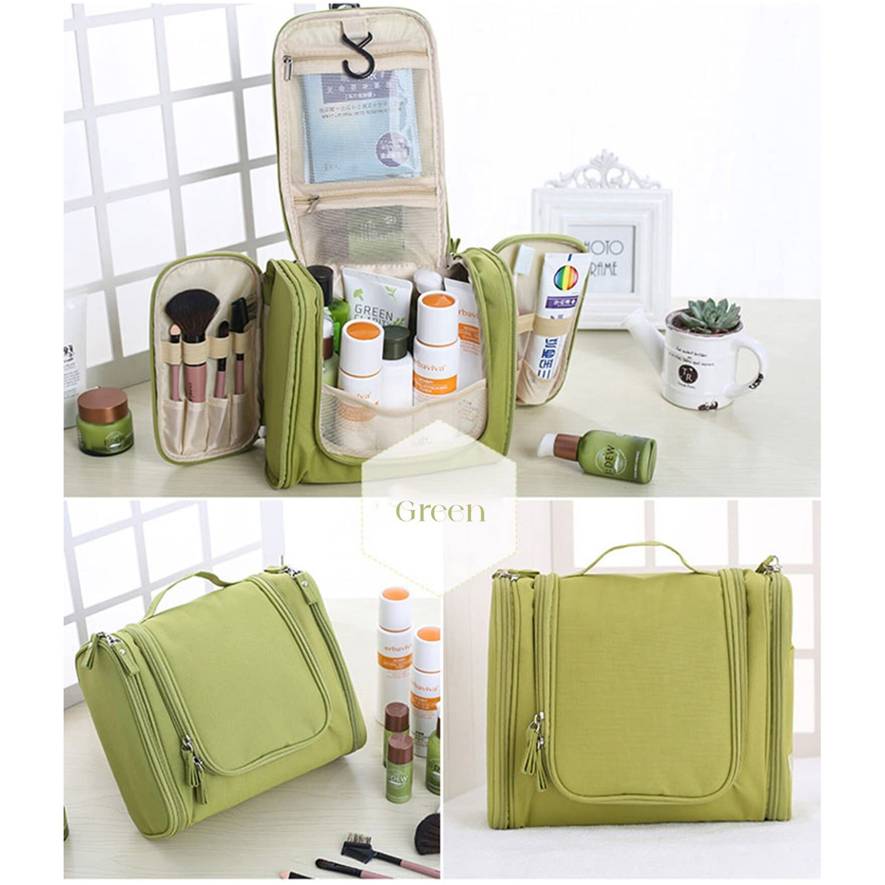 House of Quirk Hanging Toiletry Kit Bag Extra Large Capacity Travel Organizer Bags For Men And Women Durable Waterproof Nylon Makeup Bag For Toiletries,Cosmetics, Brushes (Green),W-11 Cm