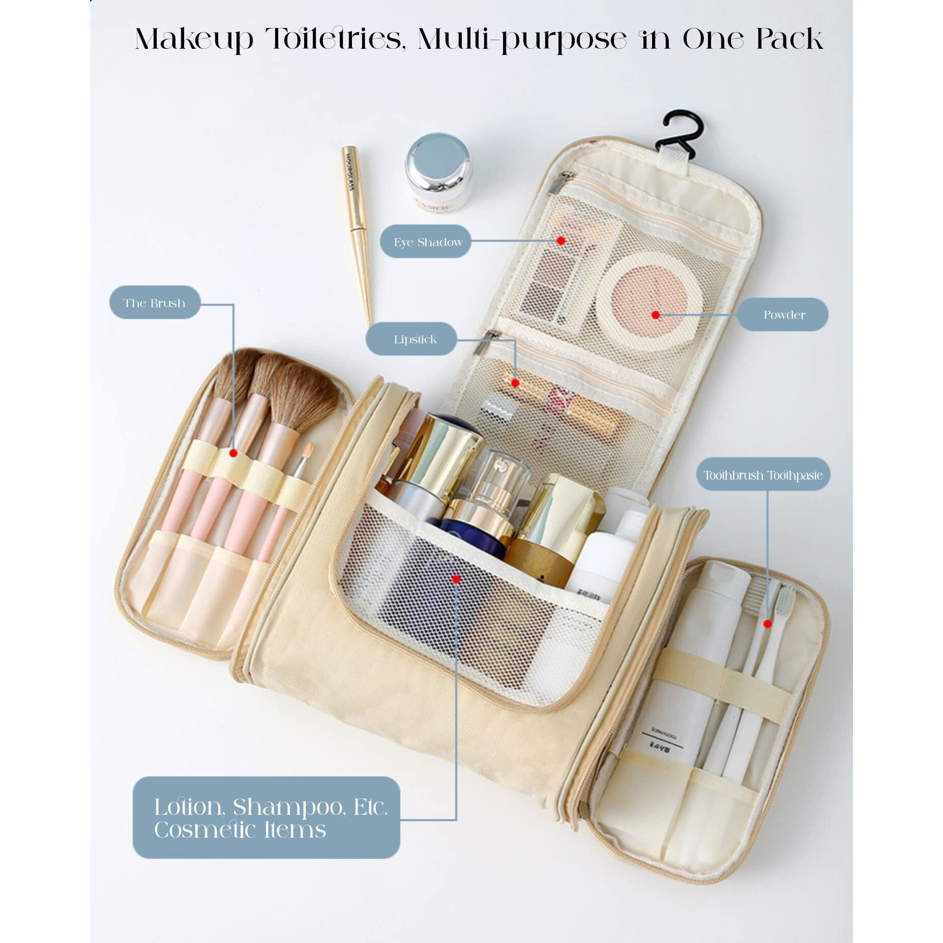 House of Quirk Hanging Toiletry Kit Bag Extra Large Capacity Travel Organizer Bags For Men And Women Durable Waterproof Nylon Makeup Bag For Toiletries,Cosmetics, Brushes (Beige),W-11 Cm