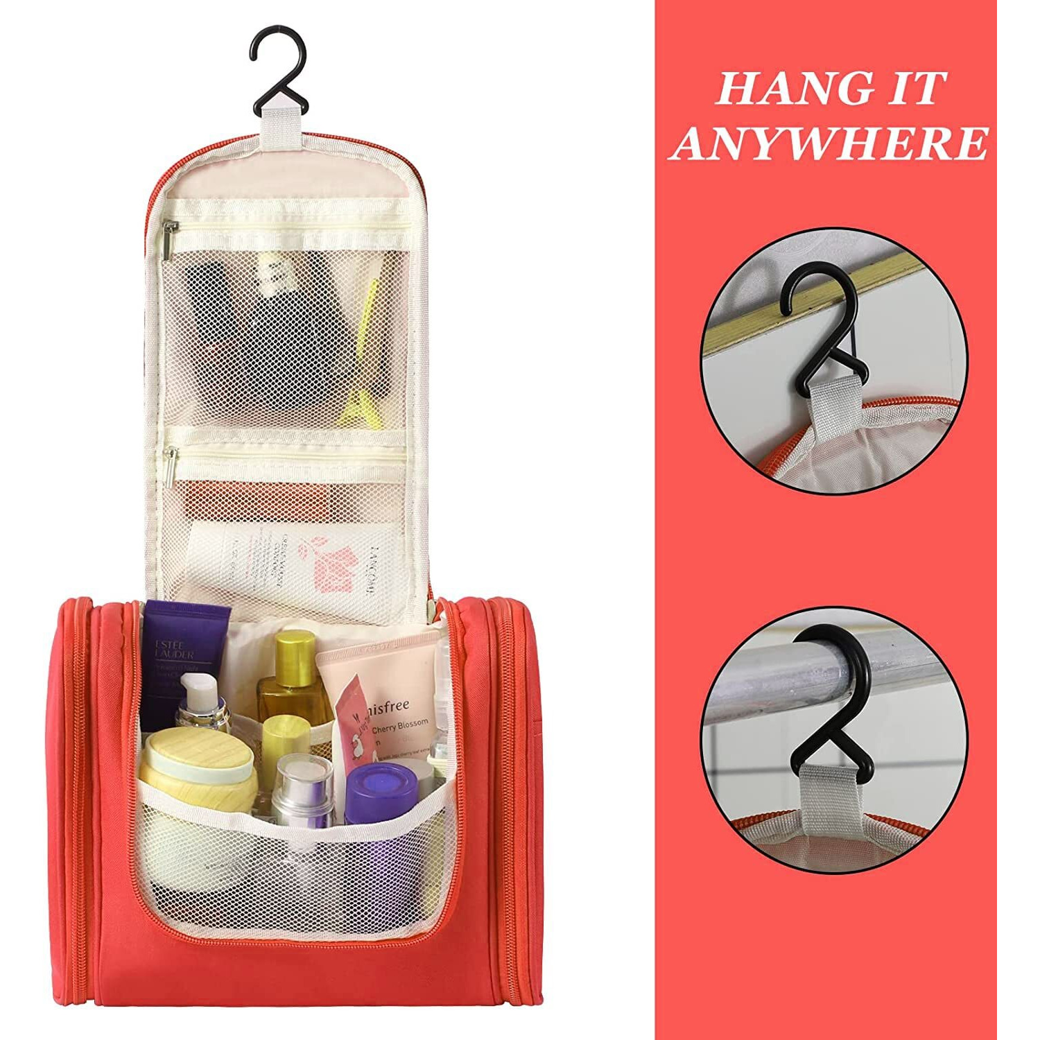 House of Quirk Hanging Toiletry Kit Bag Extra Large Capacity Travel Organizer Bags For Men And Women Durable Waterproof Nylon Makeup Bag For Toiletries,Cosmetics, Brushes (Red),W-11 Cm