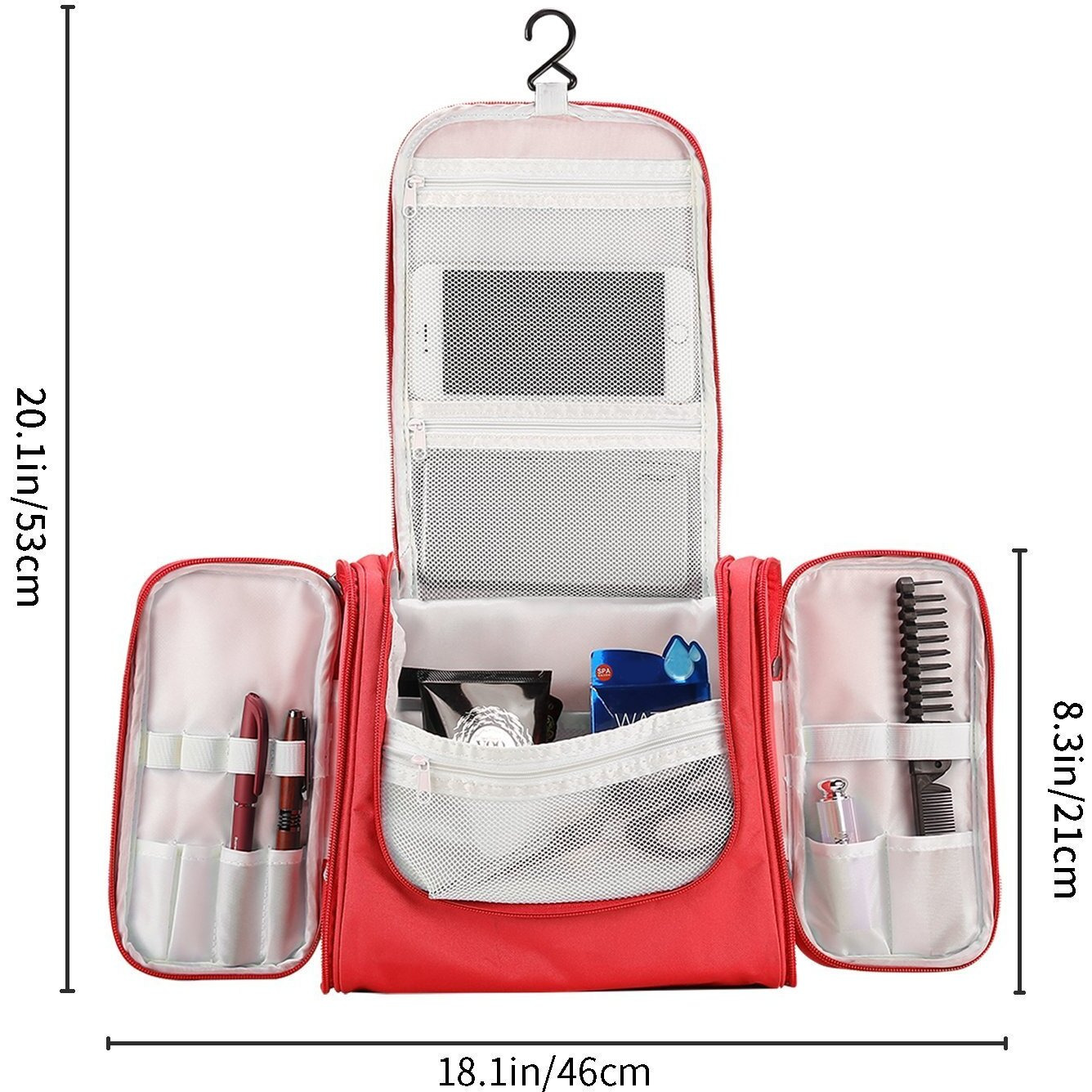 House of Quirk Hanging Toiletry Kit Bag Extra Large Capacity Travel Organizer Bags For Men And Women Durable Waterproof Nylon Makeup Bag For Toiletries,Cosmetics, Brushes (Red),W-11 Cm