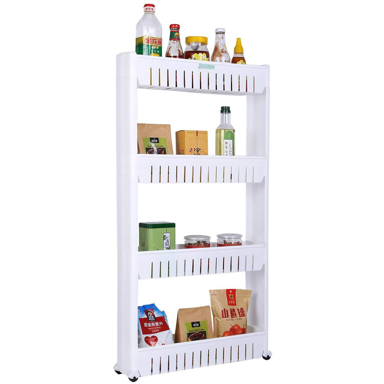 FLIPZON 4 Layer Multipurpose Floor Mount Plastic Storage Organizer Slim Rack Shelf With Wheels|Slim Slide Out Kitchen Trolley Rack Holder Storage Organizer For Kitchen,Bathroom(White,Tiered Shelf)