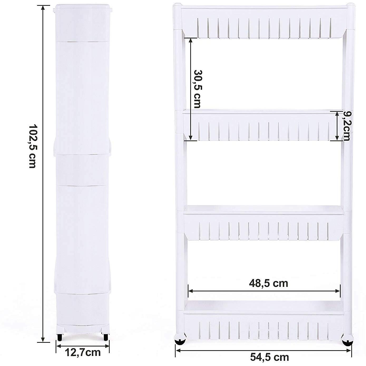 FLIPZON 4 Layer Multipurpose Floor Mount Plastic Storage Organizer Slim Rack Shelf With Wheels|Slim Slide Out Kitchen Trolley Rack Holder Storage Organizer For Kitchen,Bathroom(White,Tiered Shelf)
