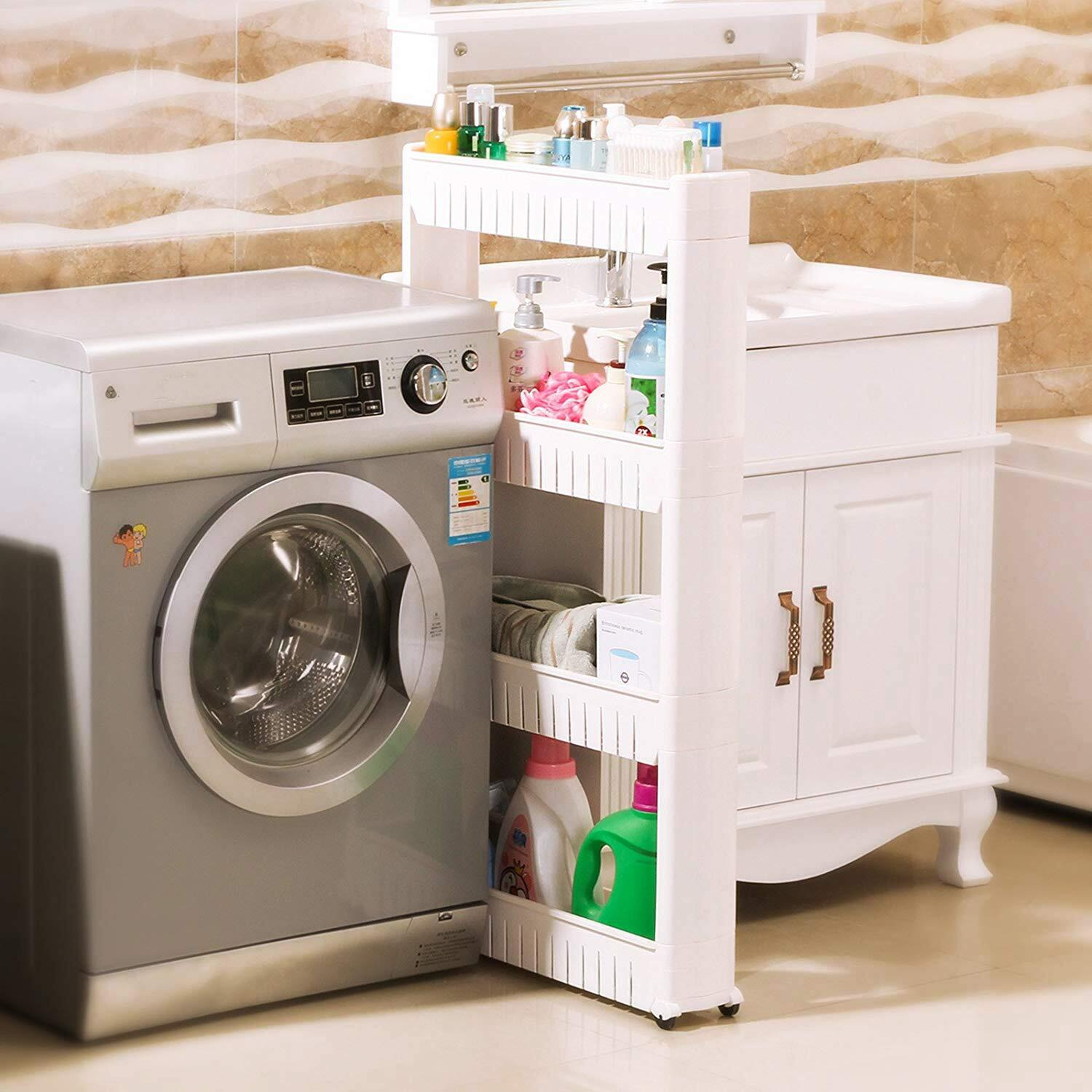 FLIPZON 4 Layer Multipurpose Floor Mount Plastic Storage Organizer Slim Rack Shelf With Wheels|Slim Slide Out Kitchen Trolley Rack Holder Storage Organizer For Kitchen,Bathroom(White,Tiered Shelf)