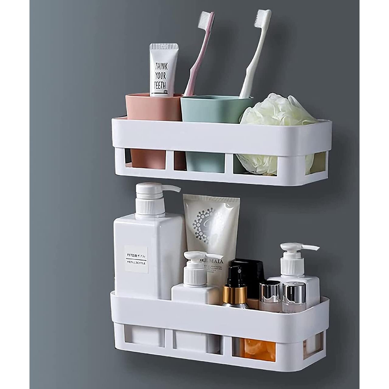 MorivaHomes Multipurpose Wall Mount Bathroom Shelf and Rack for Home and Kitchen. Adhesive Sticker Support Without Drilling (2 Bathroom Shelf), Acrylic