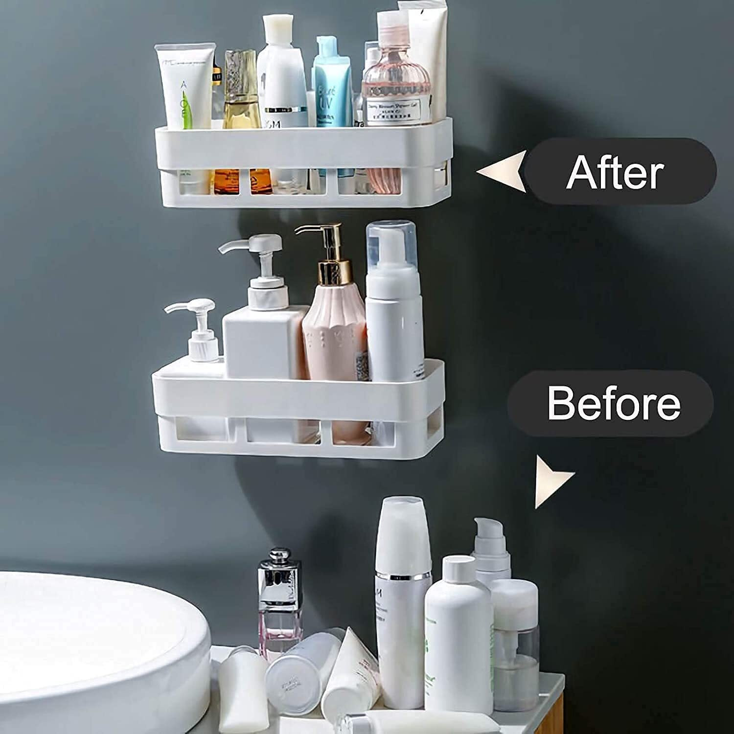 MorivaHomes Multipurpose Wall Mount Bathroom Shelf and Rack for Home and Kitchen. Adhesive Sticker Support Without Drilling (2 Bathroom Shelf + 2 Soap Dish), Acrylic, Hardware Tools, White