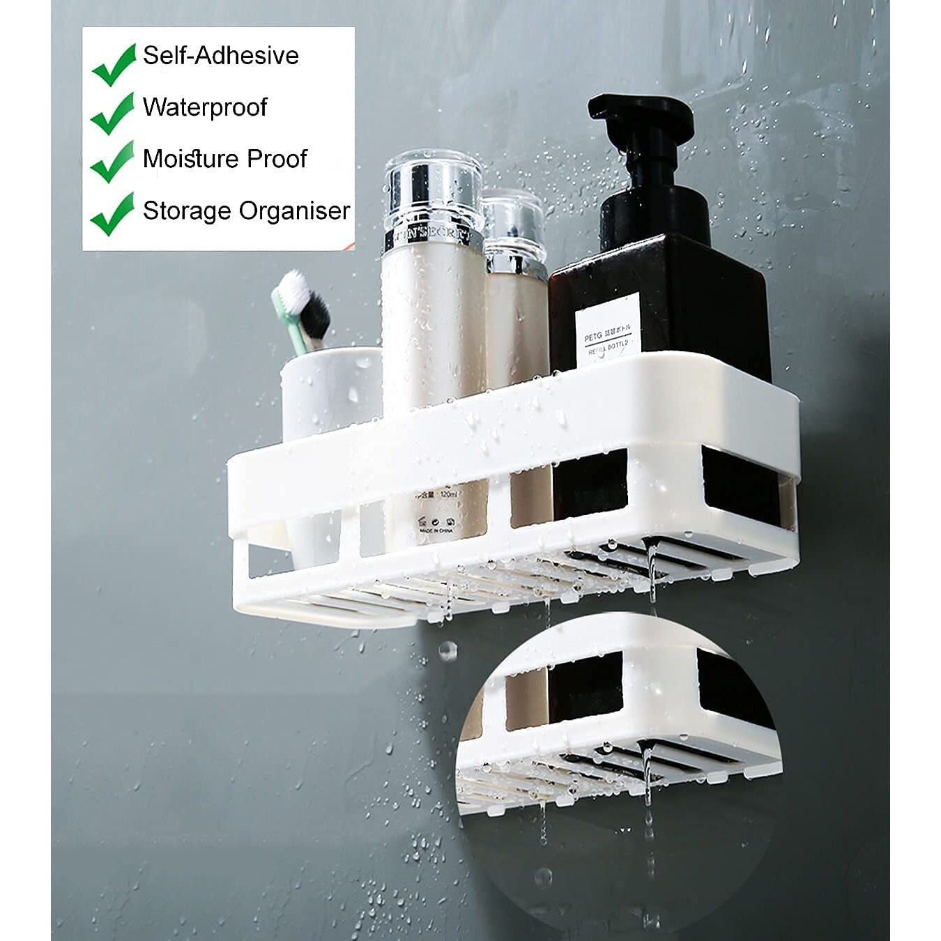 MorivaHomes Multipurpose Wall Mount Bathroom Shelf and Rack for Home and Kitchen. Adhesive Sticker Support Without Drilling (2 Bathroom Shelf + 2 Soap Dish), Acrylic, Hardware Tools, White