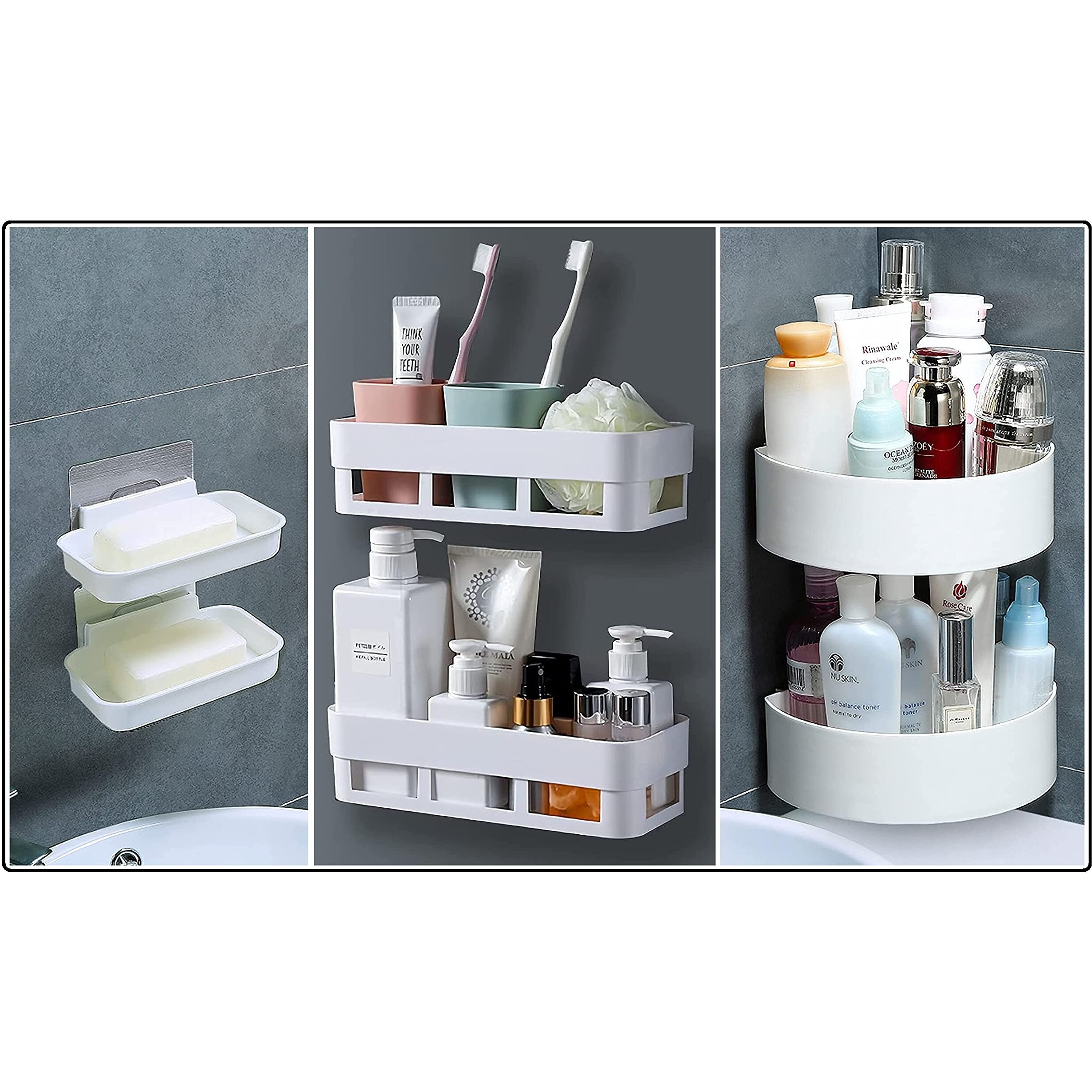 MorivaHomes Multipurpose Acrylic Wall Mount Bathroom Bathroom Shelf For Wall Corner Shelf Soap Holder(White,2 Bathroom Shower Shelf + 2 Soap Dish Holder + 2 Bathroom Corner Shelf)