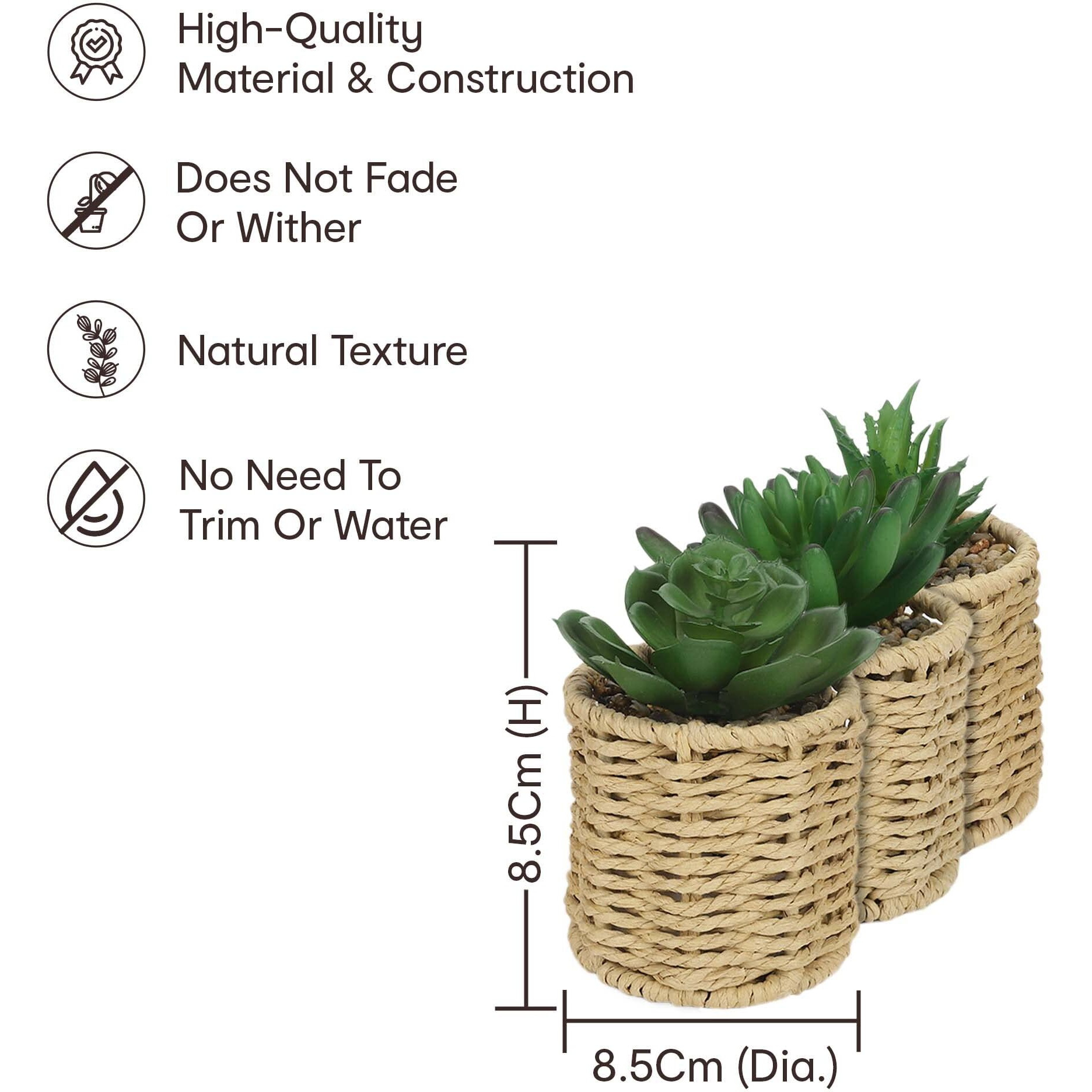Anko Set of 3 Artificial Mini Succulent Plants with Rattan Look Pots | Decorative Artificial Plant for Home, Office, Bedroom, Balcony, Living Room | Natural Look Artificial Plant for Home Dcor
