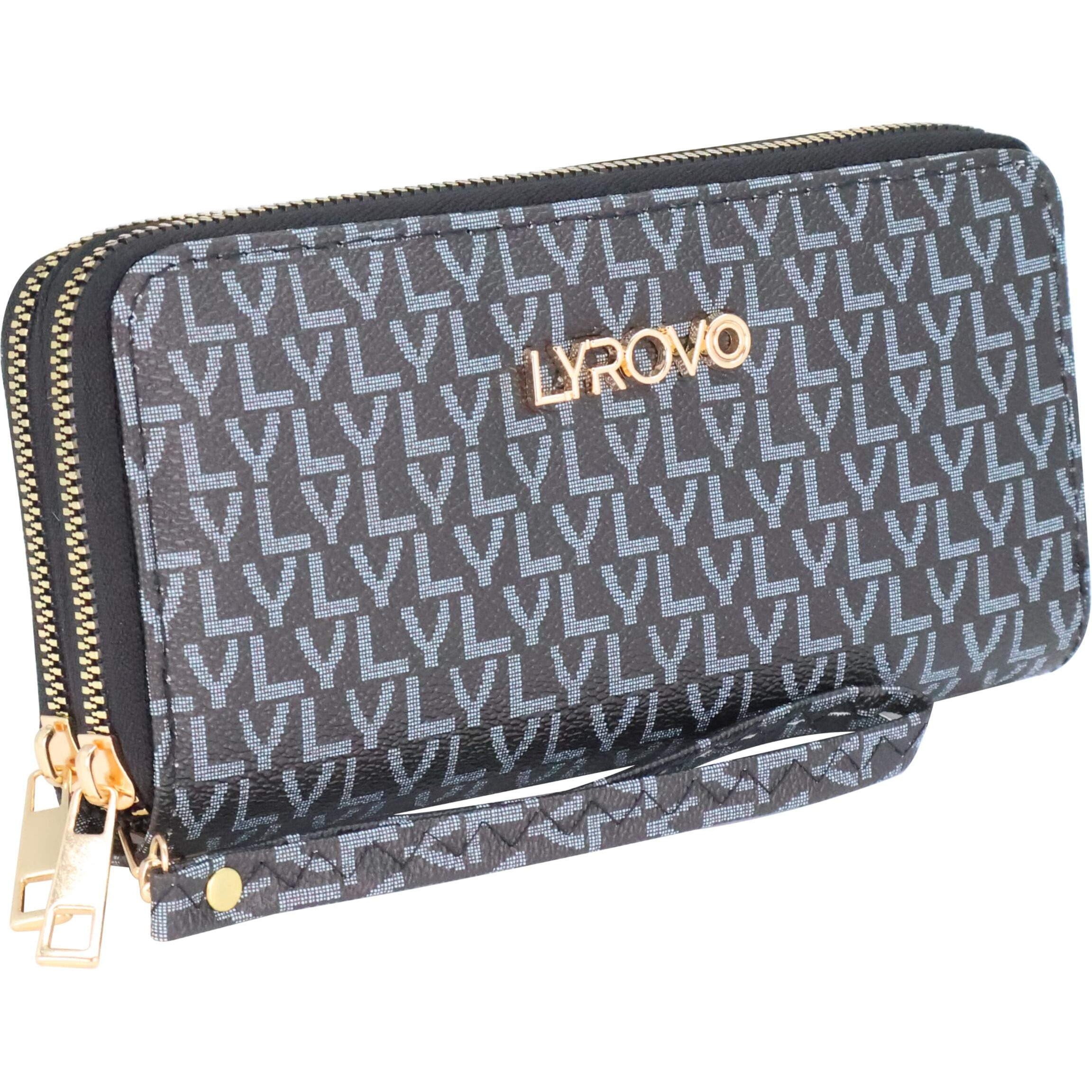 Lyrovo Purse Clutch Wallet for Women - PU Leather Double Zip Card Coin Holder with Wrist Strap (LY, Black)
