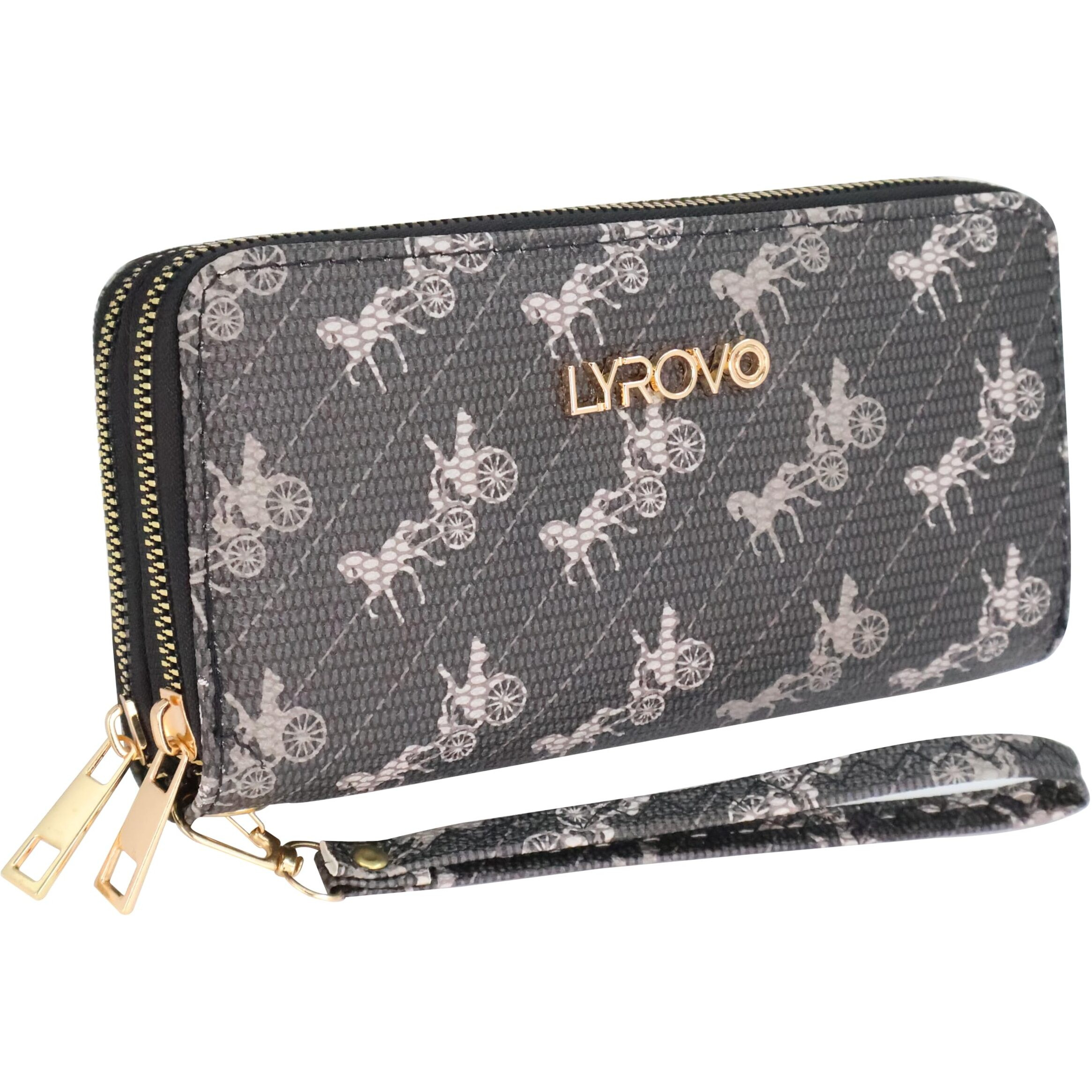 Lyrovo Purse Clutch Wallet for Women - PU Leather Double Zip Card Coin Holder with Wrist Strap (Horse, Black)