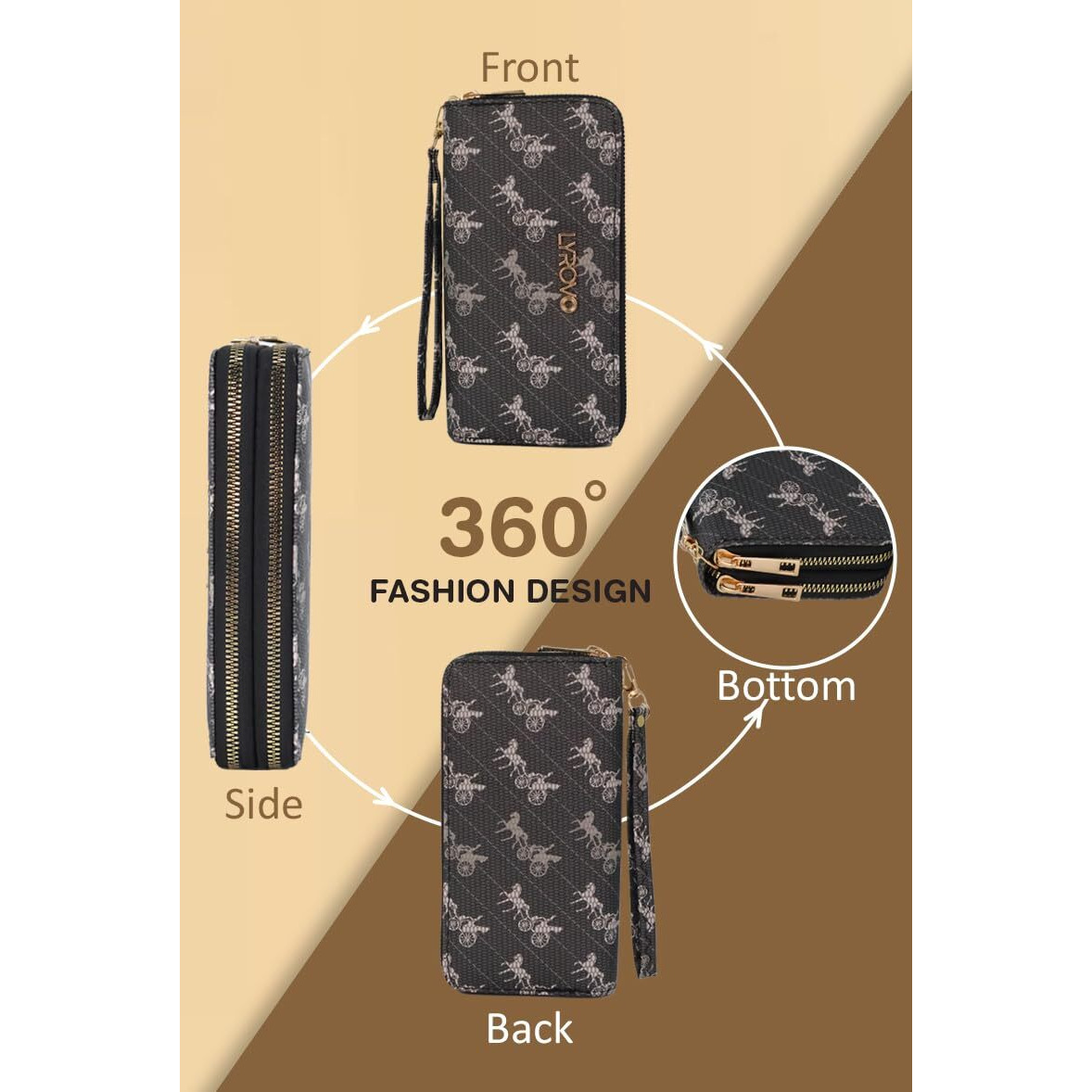 Lyrovo Purse Clutch Wallet for Women - PU Leather Double Zip Card Coin Holder with Wrist Strap (Horse, Black)
