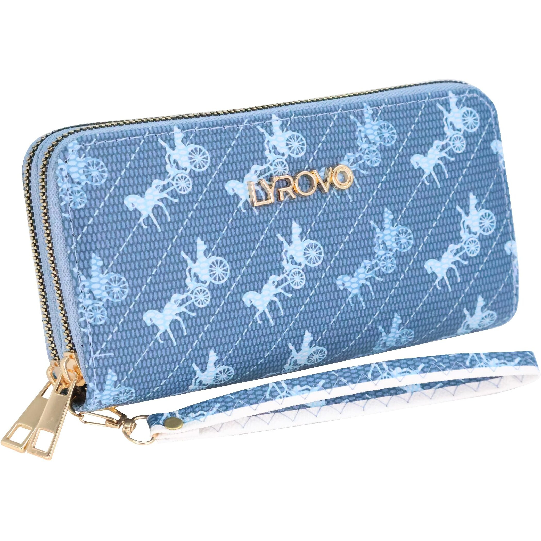 Lyrovo Purse Clutch Wallet for Women - PU Leather Double Zip Card Coin Holder with Wrist Strap (Horse, Sea Blue)