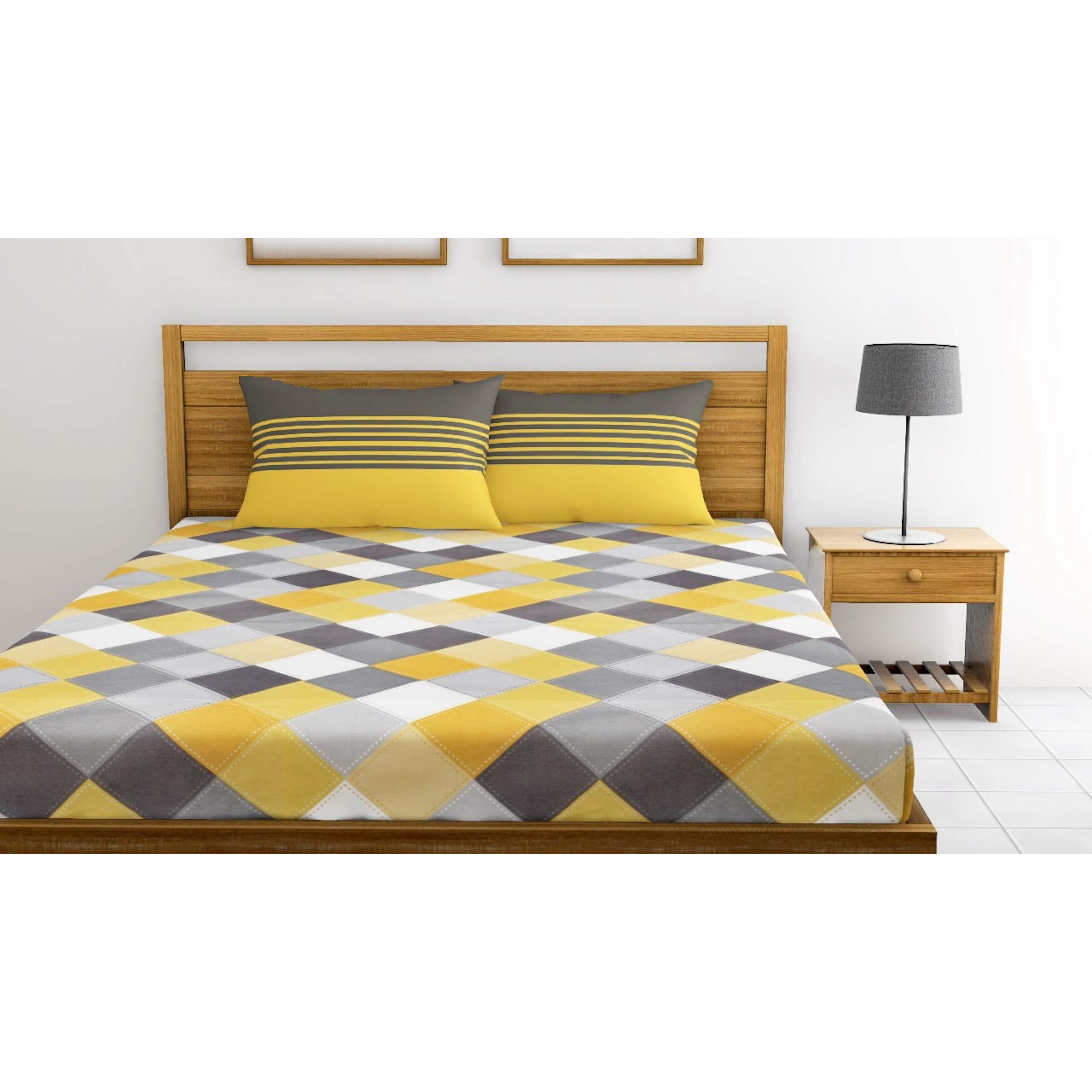 LORETO - A QUALITY LINEN BRAND 144 TC 100% Cotton Bedsheet for Double Bed with 2 Pillow Covers - Yellow & Grey, Checkered