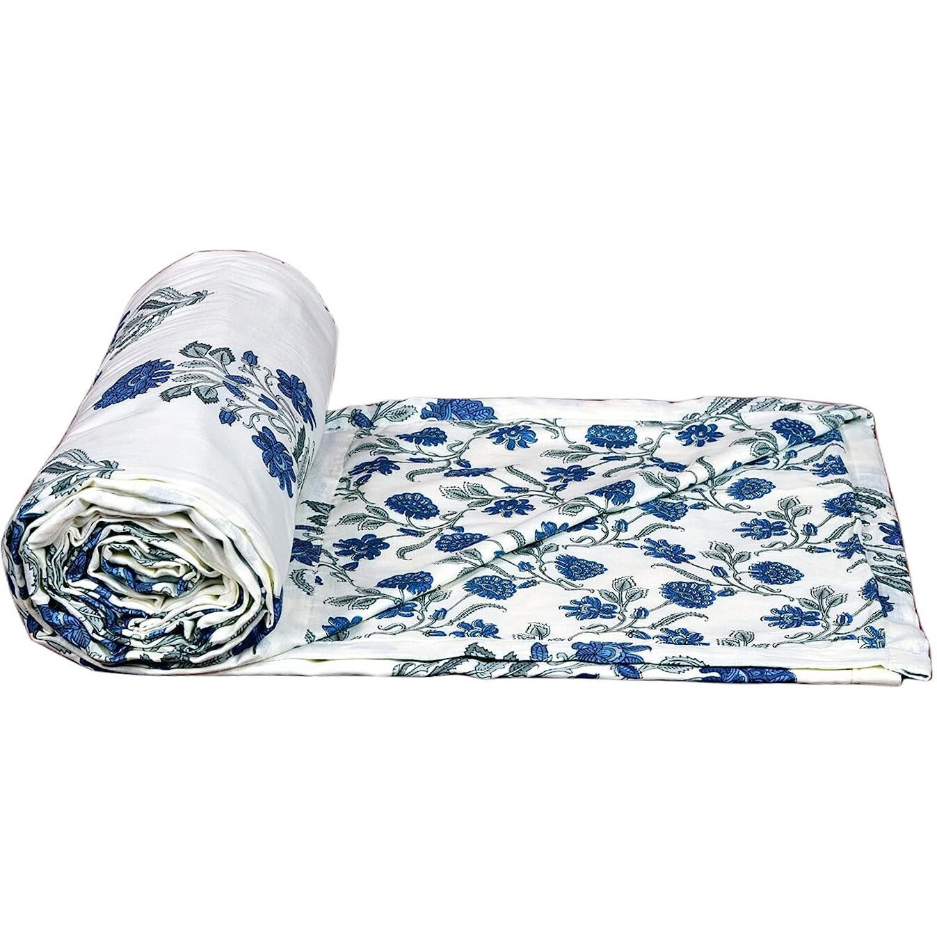 Trance Home Linen 100% Cotton Reversible Dohar Single Bed Size | Jaipuri Printed Artisan Block Design Blanket | Soft Lightweight Ac Comforter Quilt (56 X88 ,Aangan Blue White), 200 TC