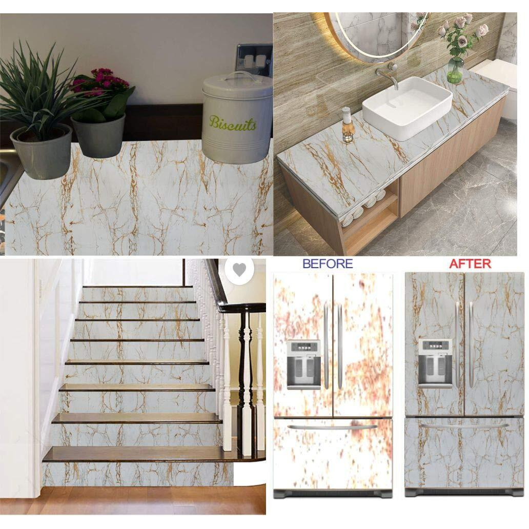 ELTON Vinyl Self Adhesive White & Gold Matt Marble Wallpaper, 24 x 72 Inch