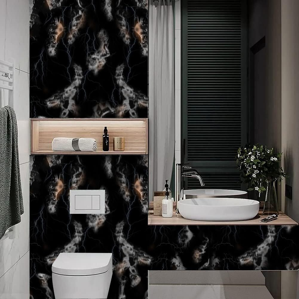 ELTON Black Marble High Gloss Vinyl Self Adhesive Wallpaper,Furniture Film Contact Paper 16 x 72inch