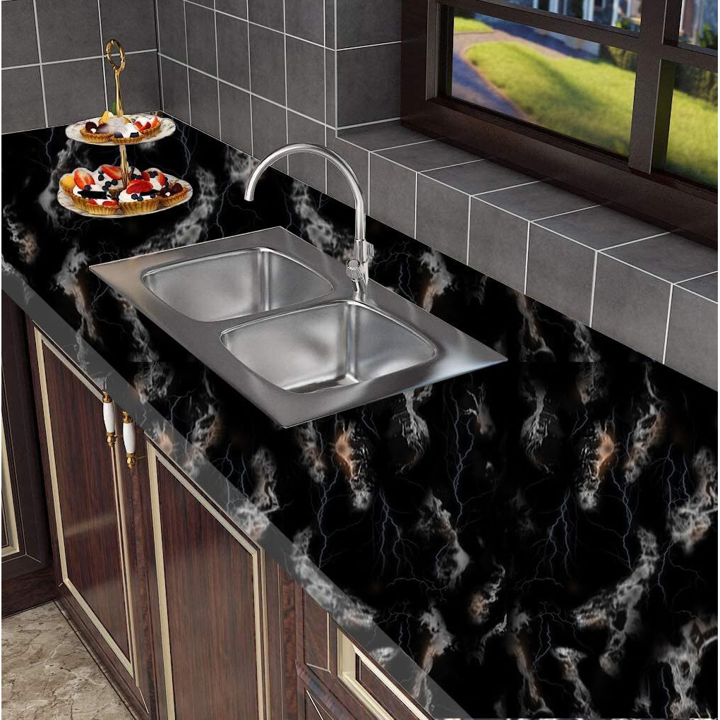ELTON Black Marble High Gloss Vinyl Self Adhesive Wallpaper,Furniture Film Contact Paper 16 x 72inch