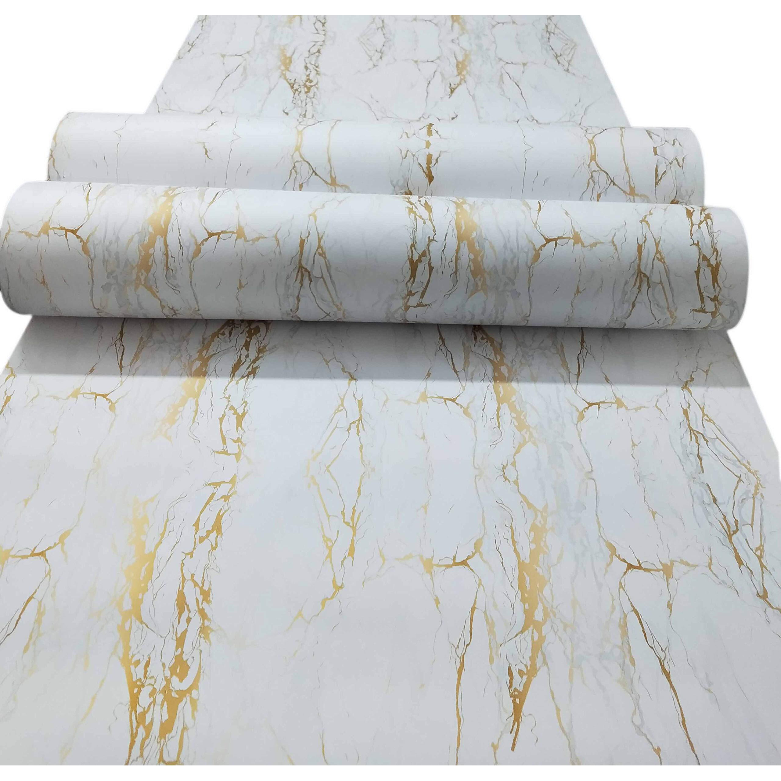 Elton White & Gold Matt Marble Furniture Film Wallpaper for Walls Cupboard Door, Almirah, Fridge, Tabletop, Floor DIY & Renovation Project  40 x 180 Cms