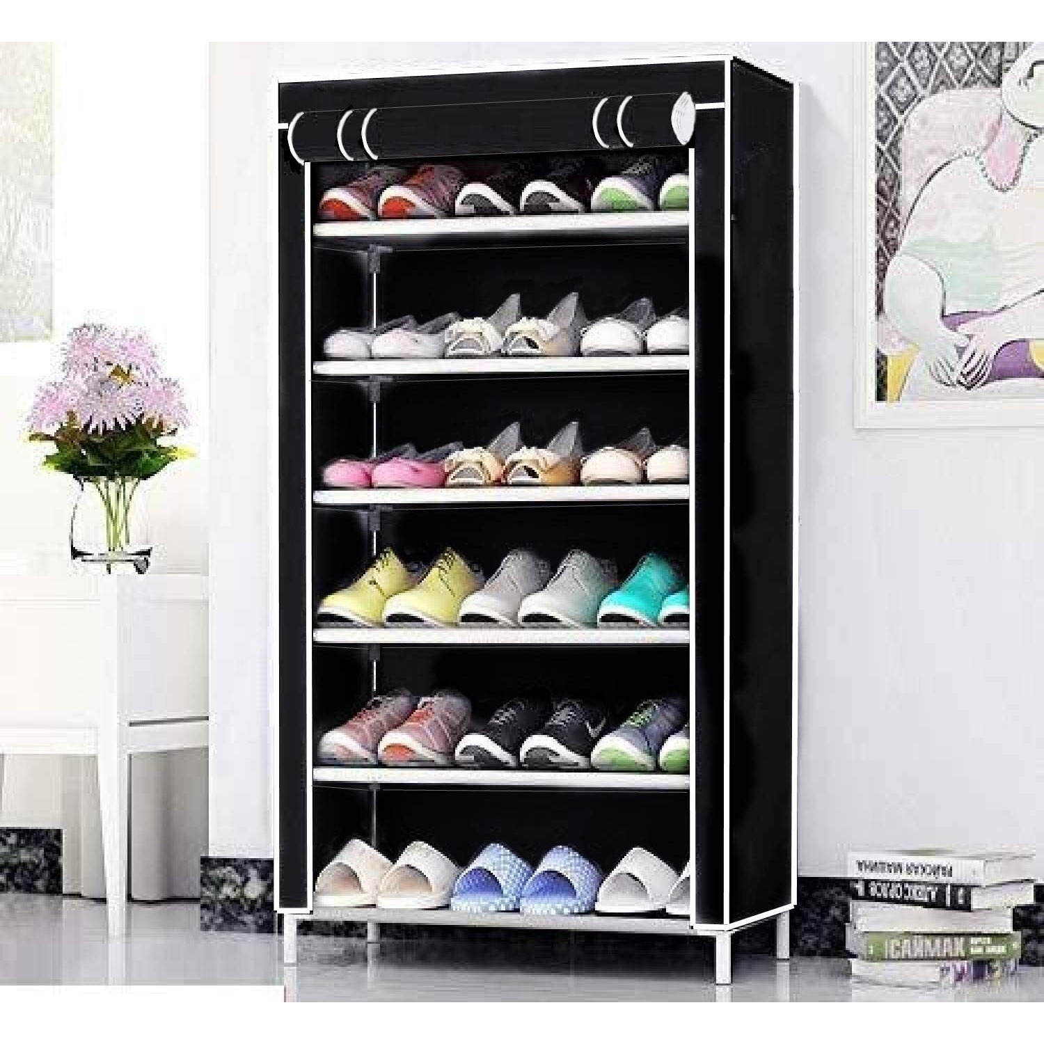 Ebee Iron Collapsible Shoe Rack (Black, 6 Shelves)