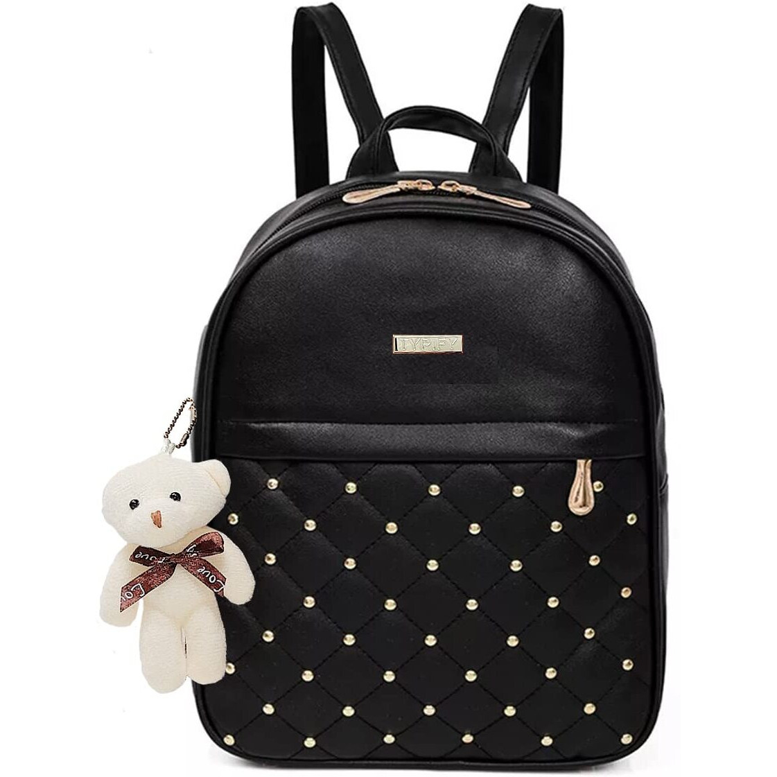 TYPIFY PU Leather Teddy Keychain Preppy Style Women Backpack Girls College Bag