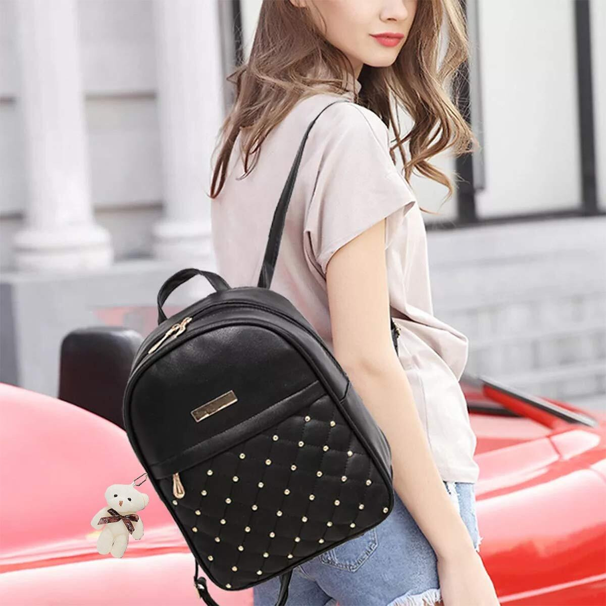 TYPIFY PU Leather Teddy Keychain Preppy Style Women Backpack Girls College Bag