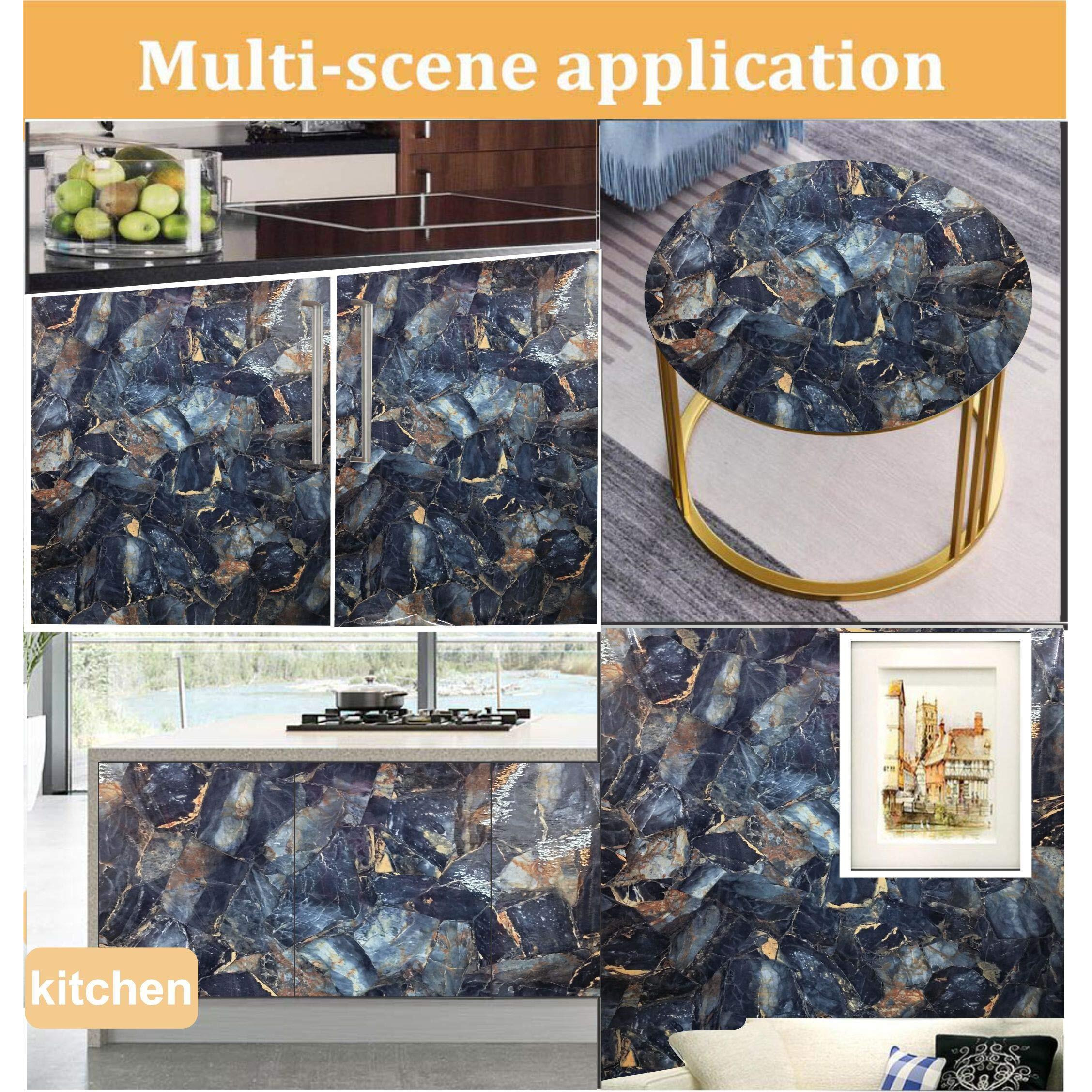 Elton Premium Blue Marble Gloss Marble Furniture Film Interior Film Wallpaper for Cupboard Door, Almirah, Fridge, Tabletop, Wall, Floor, DIY & Other Renovation Projects  16 X 60 Inch