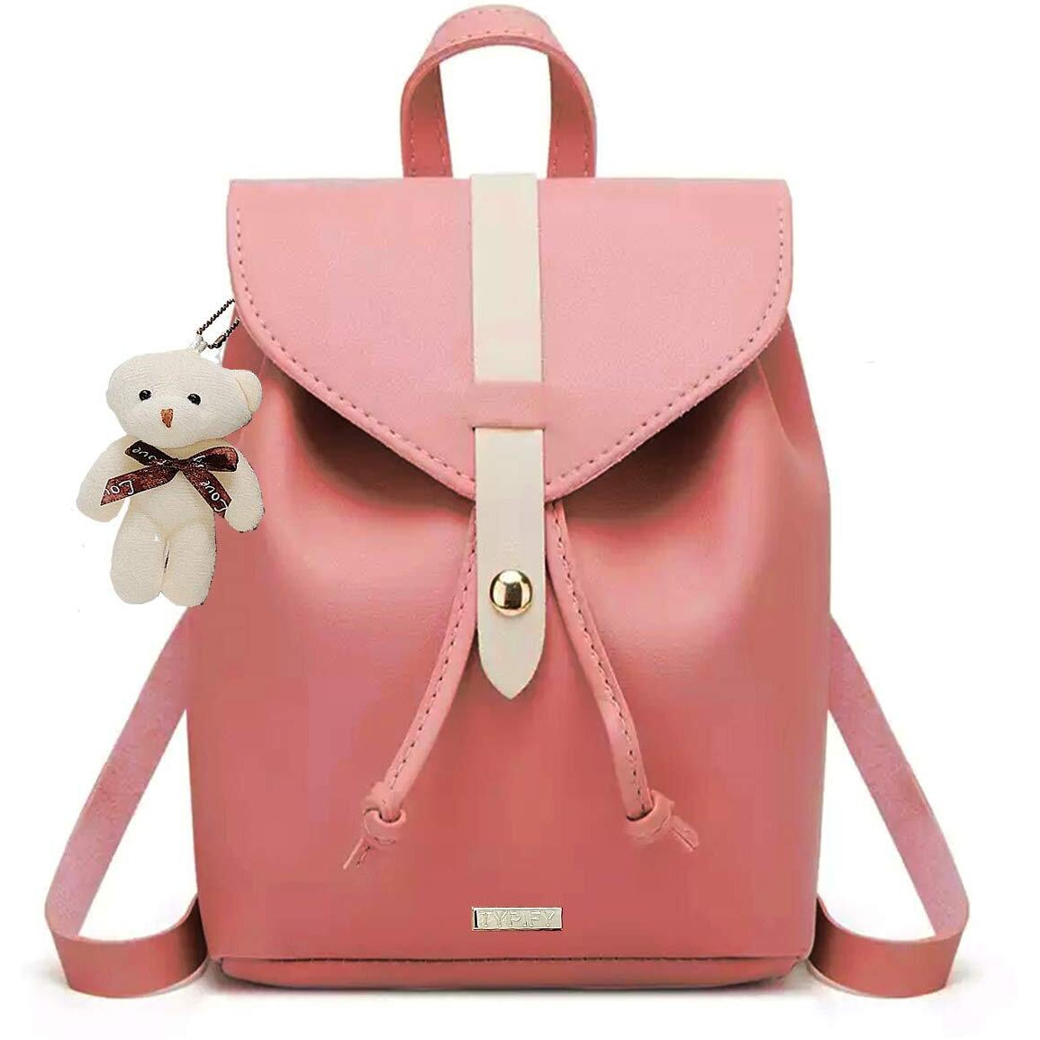 TYPIFY Women s Pu Leather Standard Backpack Bag With Teddy Keychain (Tan)