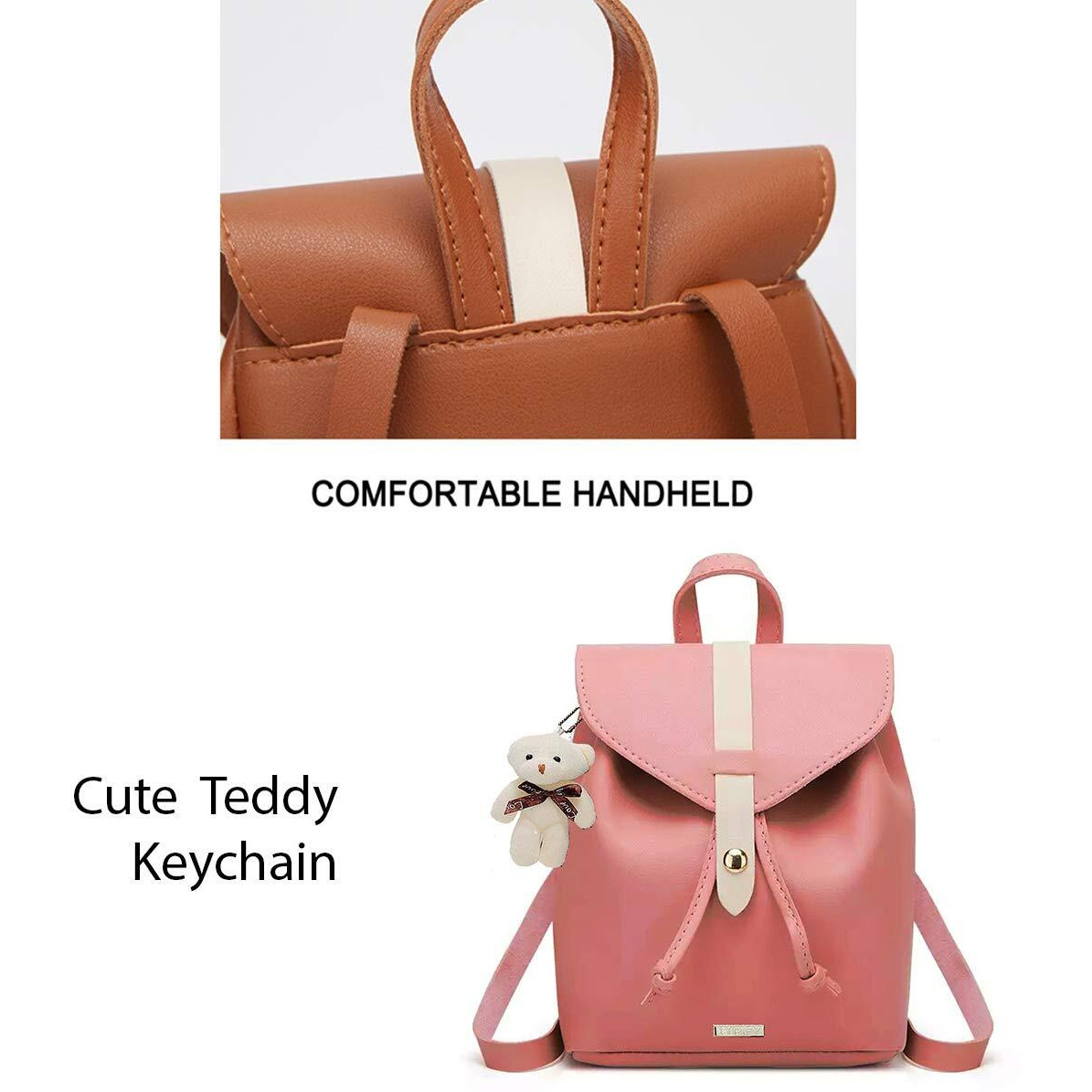 TYPIFY Women s Pu Leather Standard Backpack Bag With Teddy Keychain (Tan)