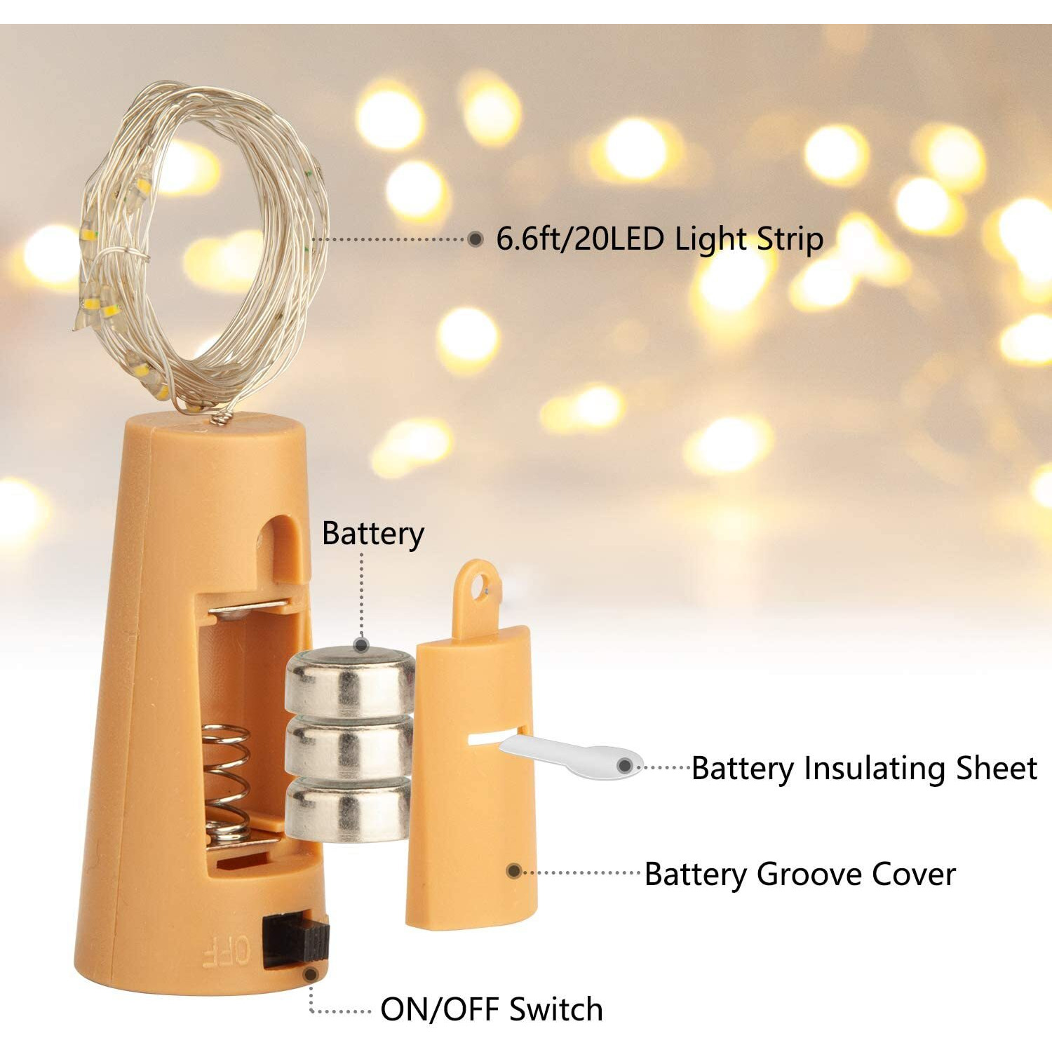 One94Store 20 Led Wine Bottle Cork Copper Wire String Lights,2M Battery Operated (Warm White,Pack of 10) 2 Meters