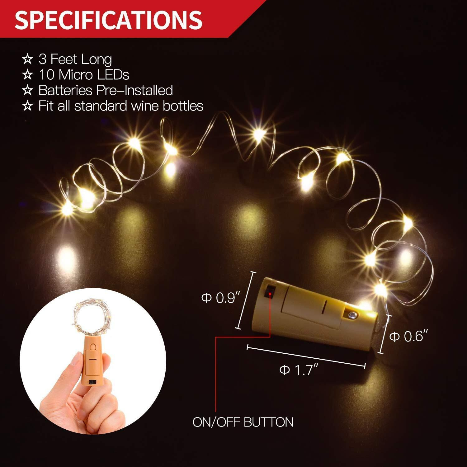 One94Store 20 Led Wine Bottle Cork Copper Wire String Lights,2M Battery Operated (Warm White,Pack of 10) 2 Meters
