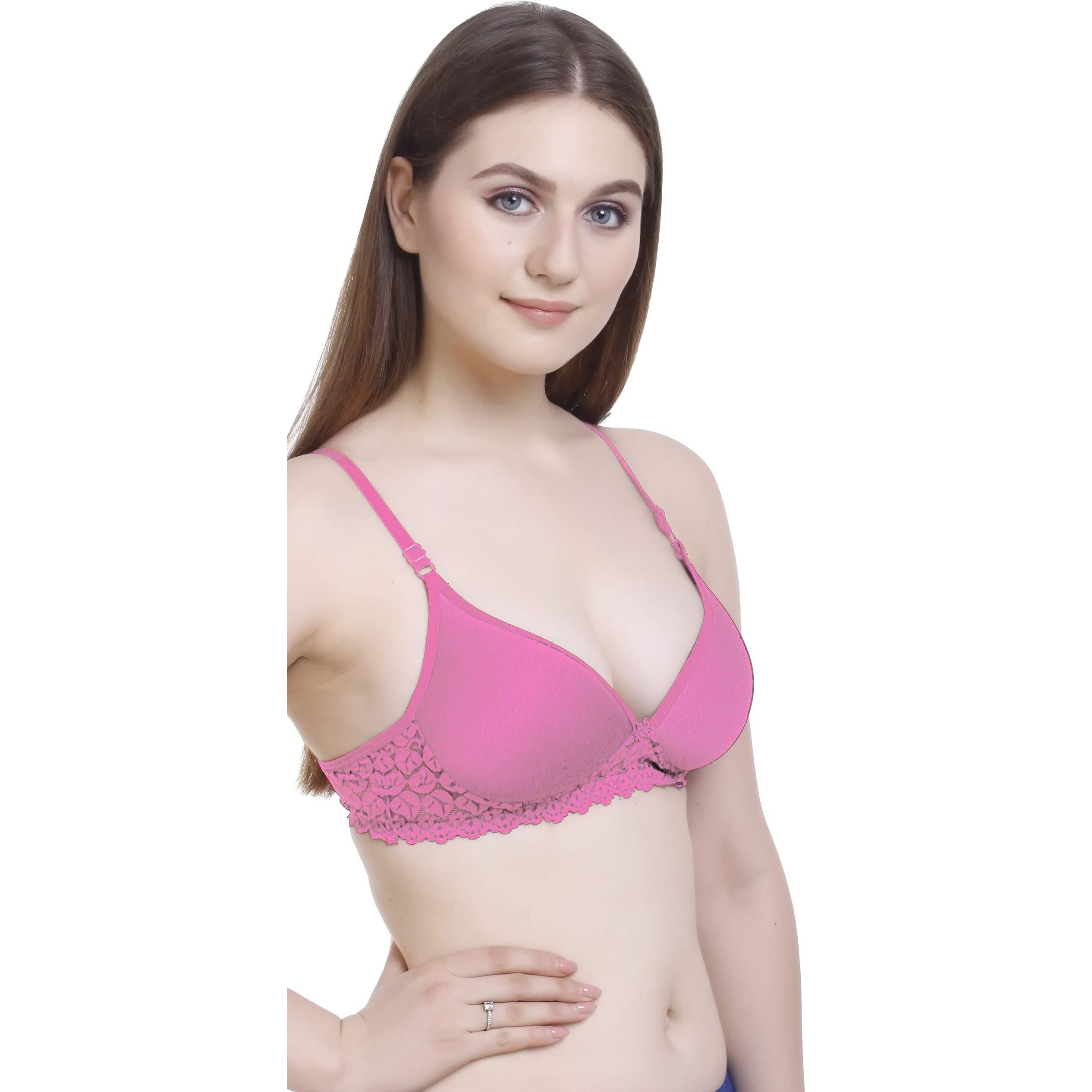 FIMS - Fashion is my style Women Padded Lace Cotton Non Wired Full Coverage T-Shirt Bra Shaper Bra Push up Bra Teenage Bra Regular Use Bra Comfortable Bra Rani-Pink-Size 32